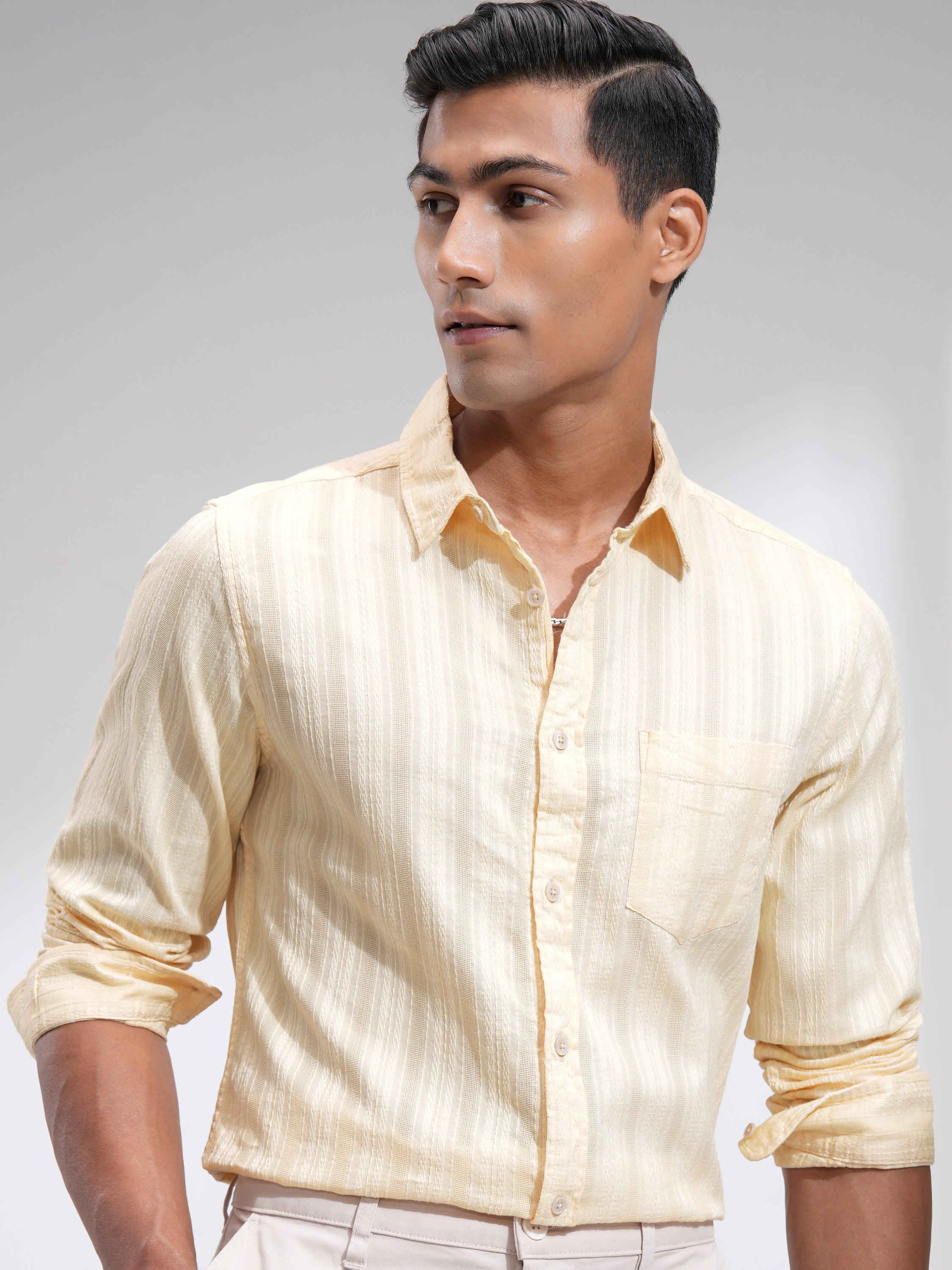 Highlander Men Cream Striped Slim Fit Casual Shirt - Cream - Image 1