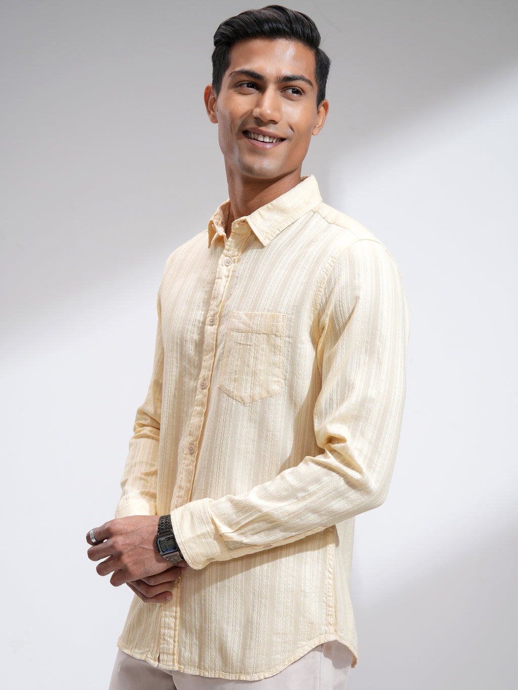 Highlander Men Cream Striped Slim Fit Casual Shirt - Cream - Image 4