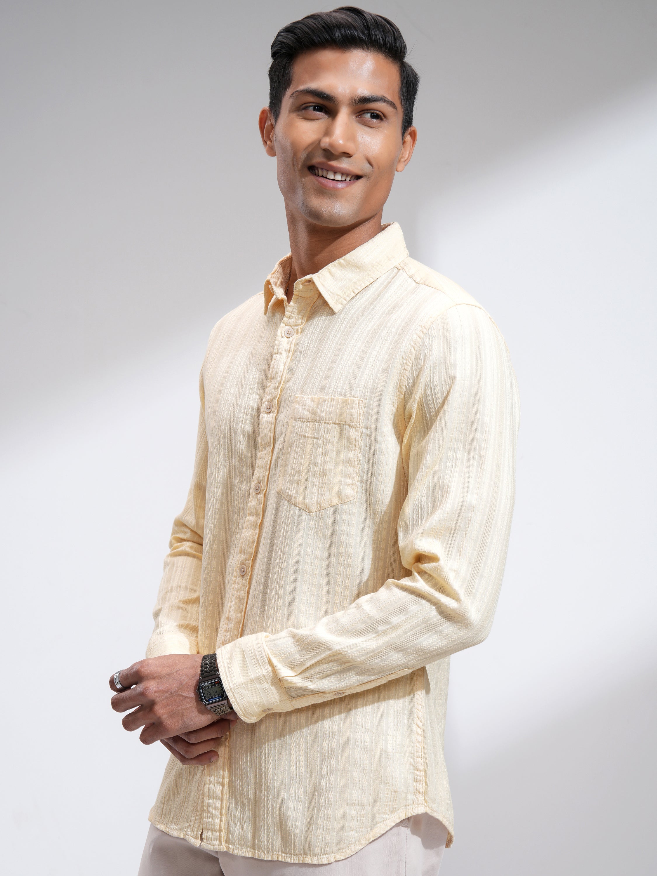 Highlander Men Cream Striped Slim Fit Casual Shirt - Cream - Image 4