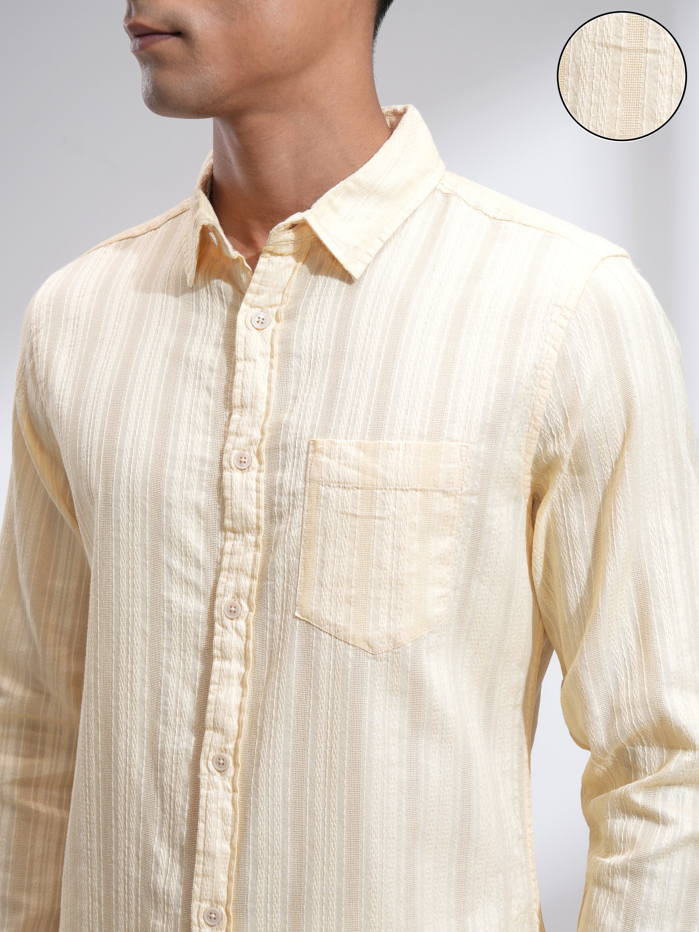 Highlander Men Cream Striped Slim Fit Casual Shirt - Cream - Image 5