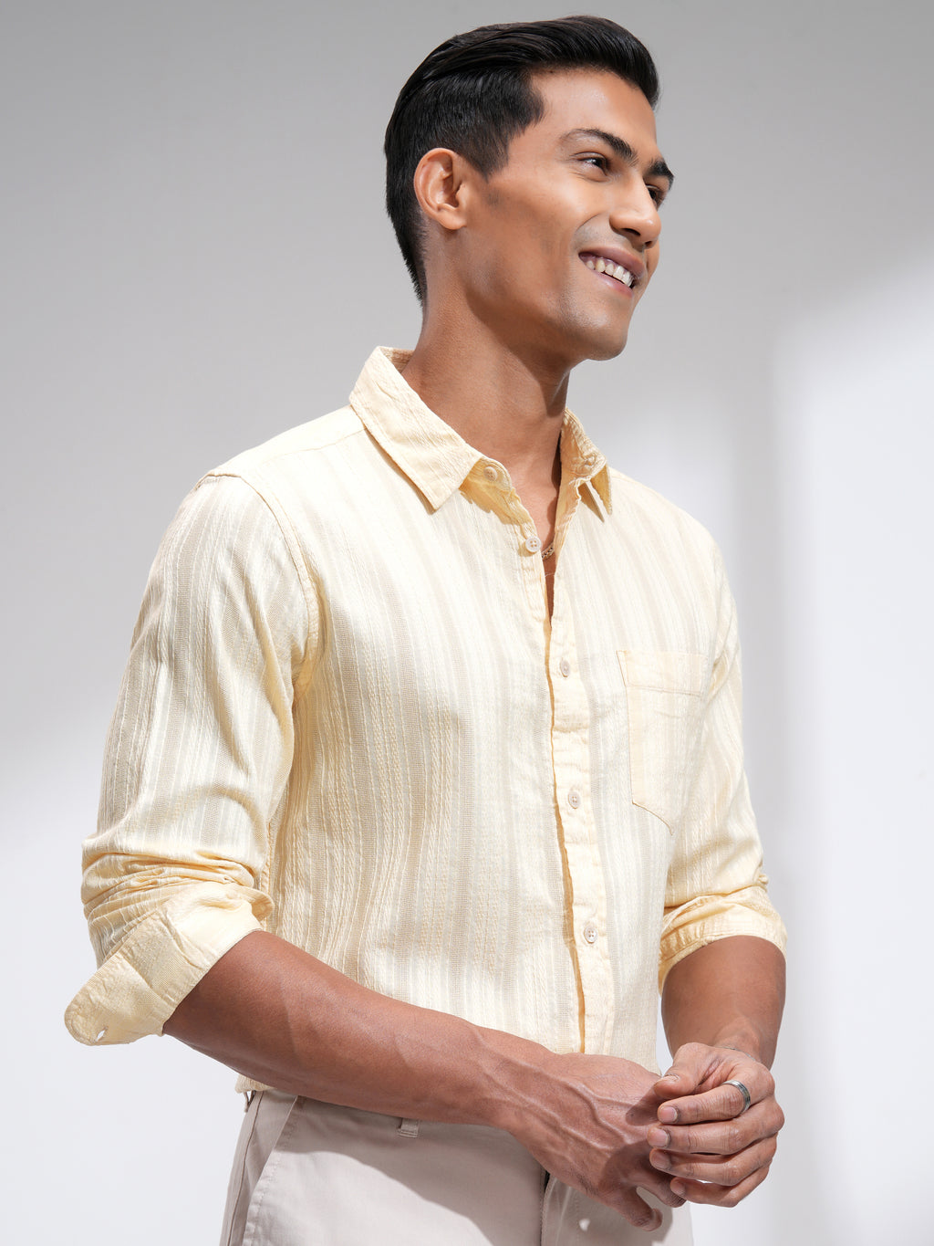 Highlander Men Cream Striped Slim Fit Casual Shirt - Cream - Image 6