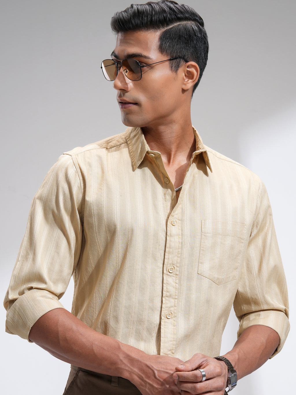 Highlander Men Beige Striped Slim Fit Casual Shirt - Beige - Image 1