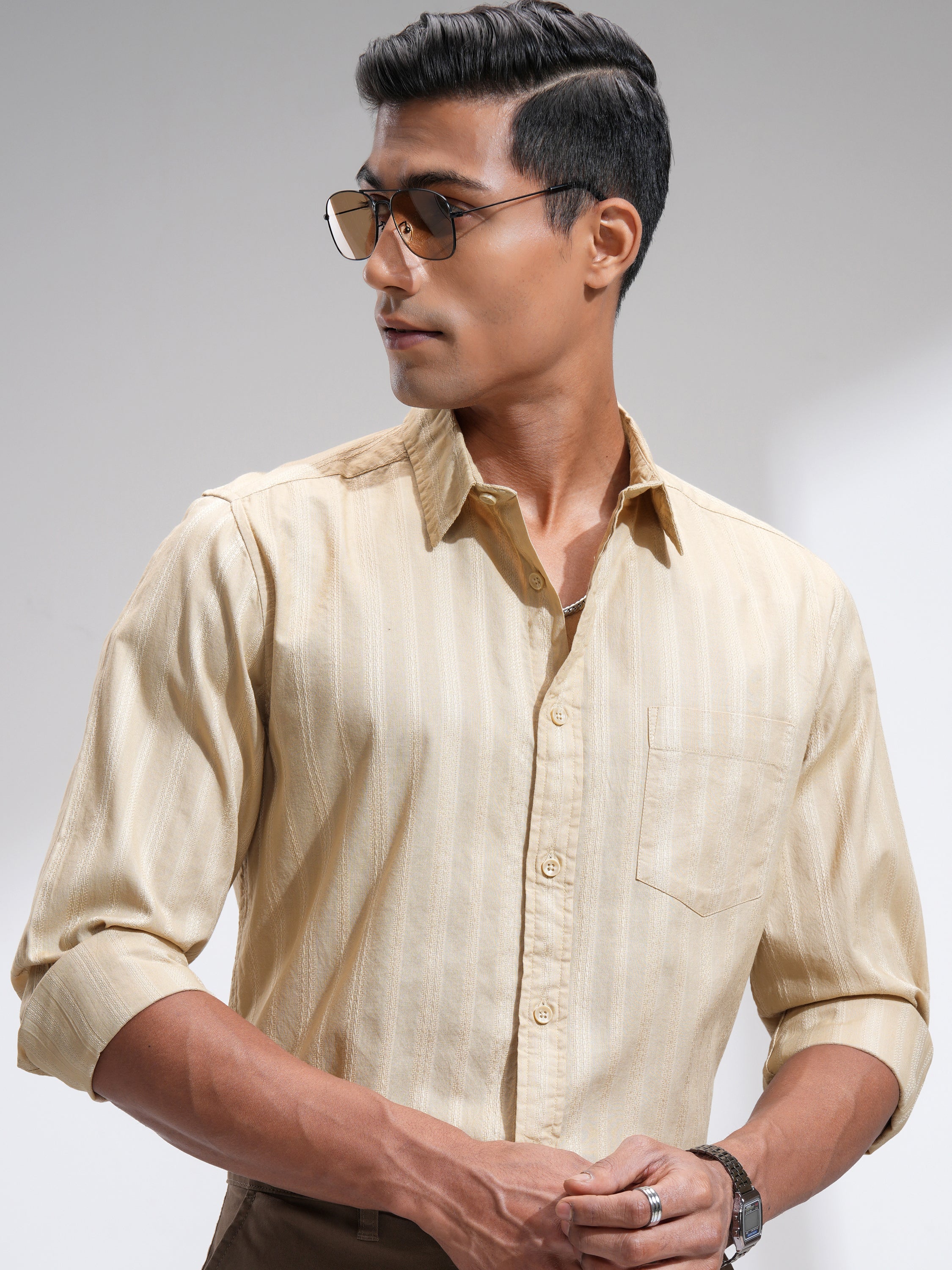 Highlander Men Beige Striped Slim Fit Casual Shirt - Beige - Image 1