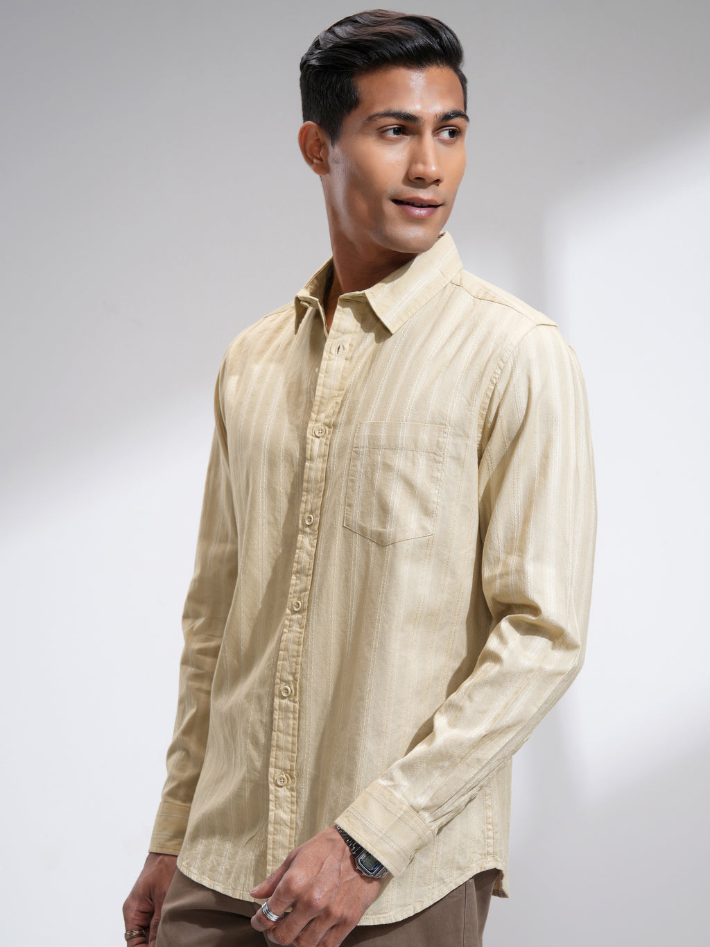 Highlander Men Beige Striped Slim Fit Casual Shirt - Beige - Image 4