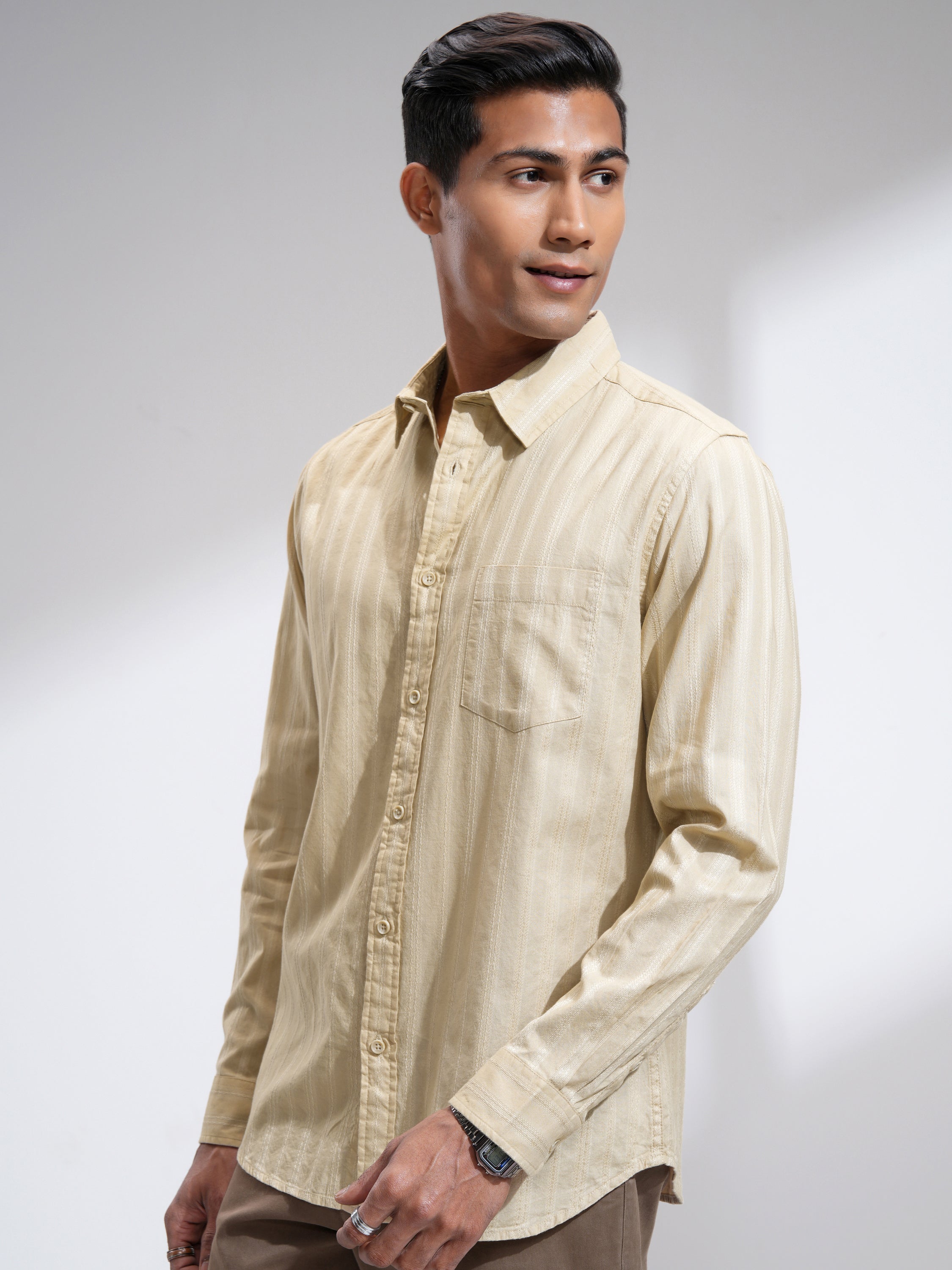 Highlander Men Beige Striped Slim Fit Casual Shirt - Beige - Image 4