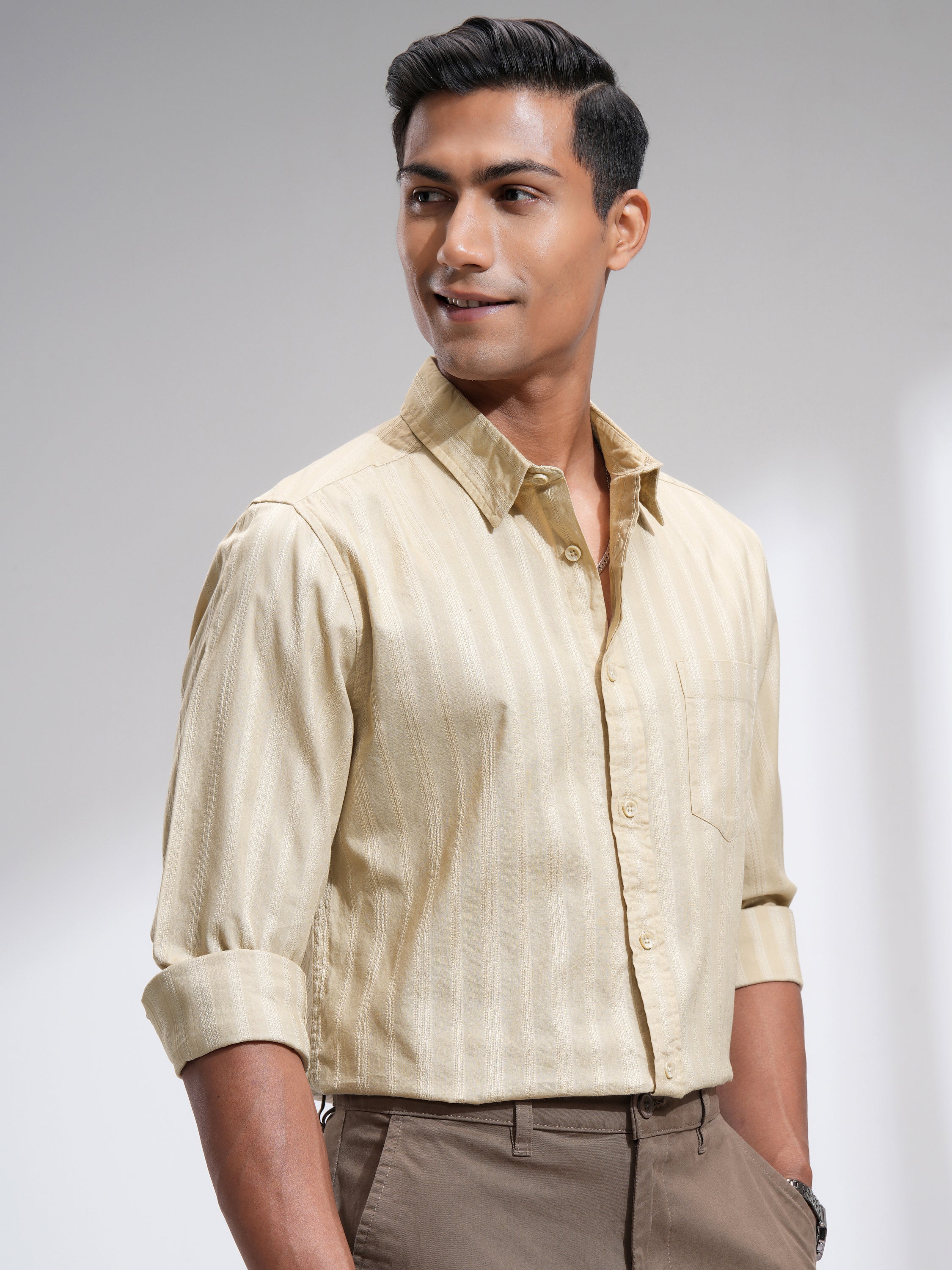 Highlander Men Beige Striped Slim Fit Casual Shirt - Beige - Image 6