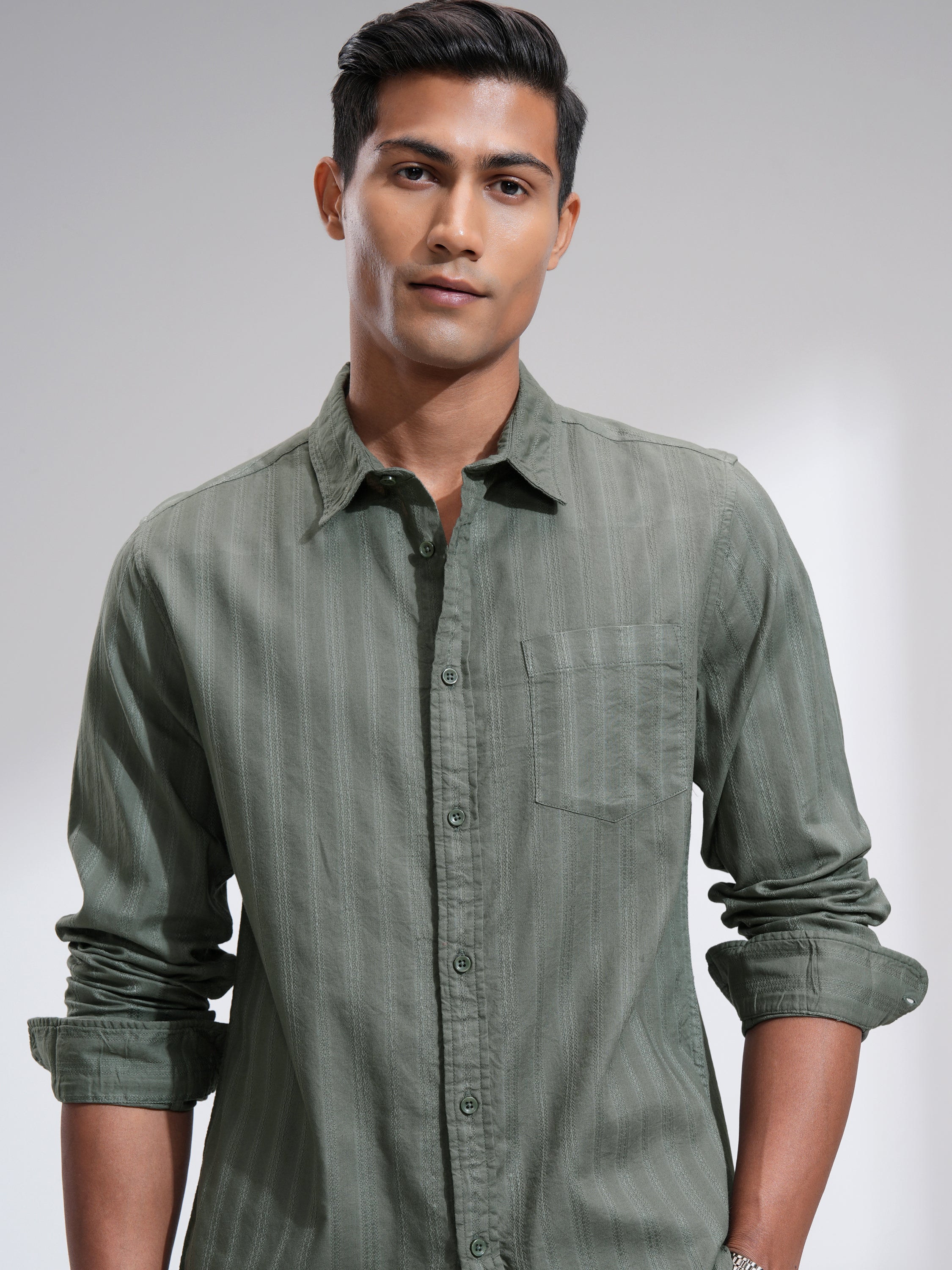 Highlander Men Olive Striped Slim Fit Casual Shirt - Olive - Image 1