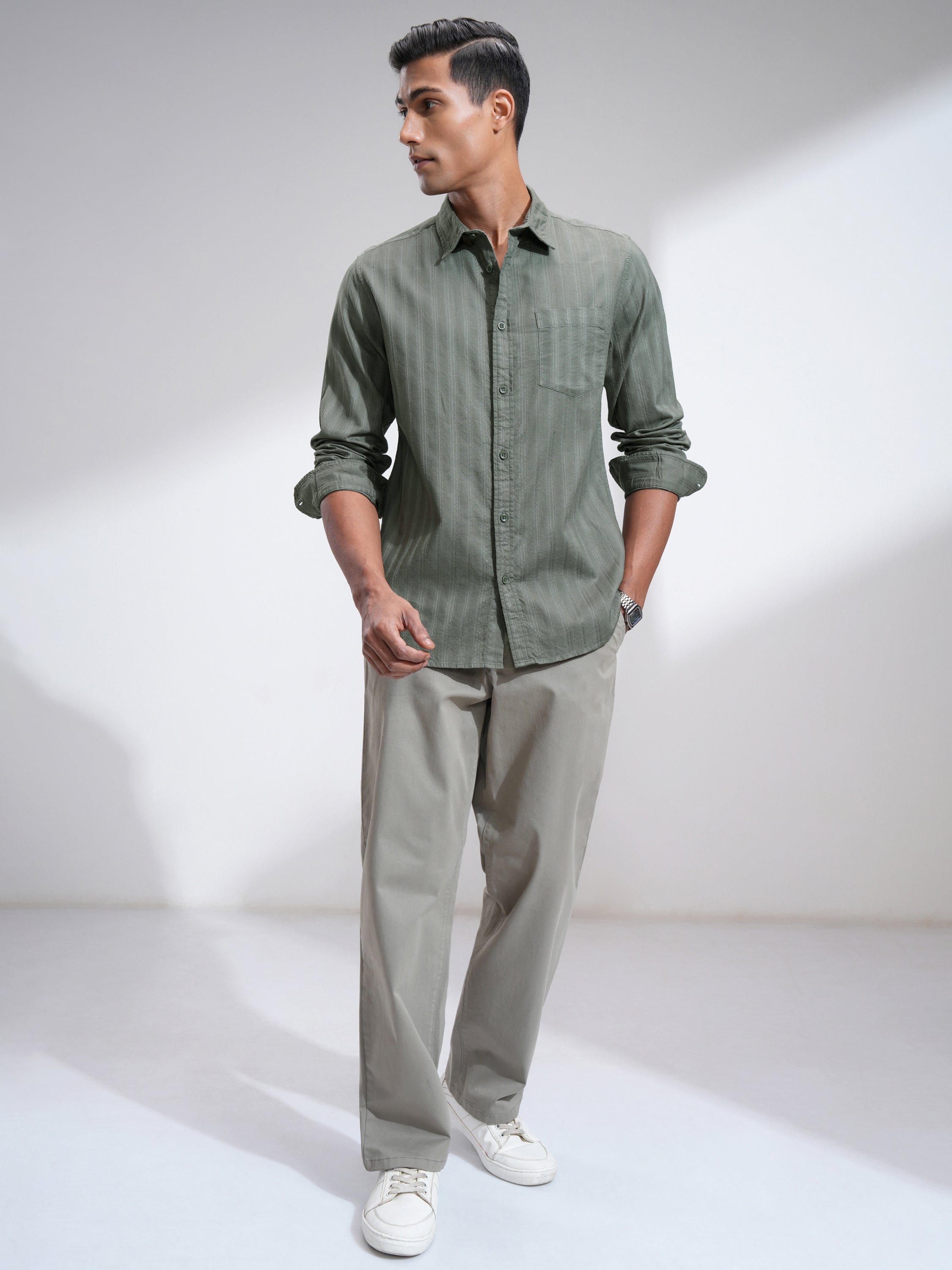 Highlander Men Olive Striped Slim Fit Casual Shirt - Olive - Image 2