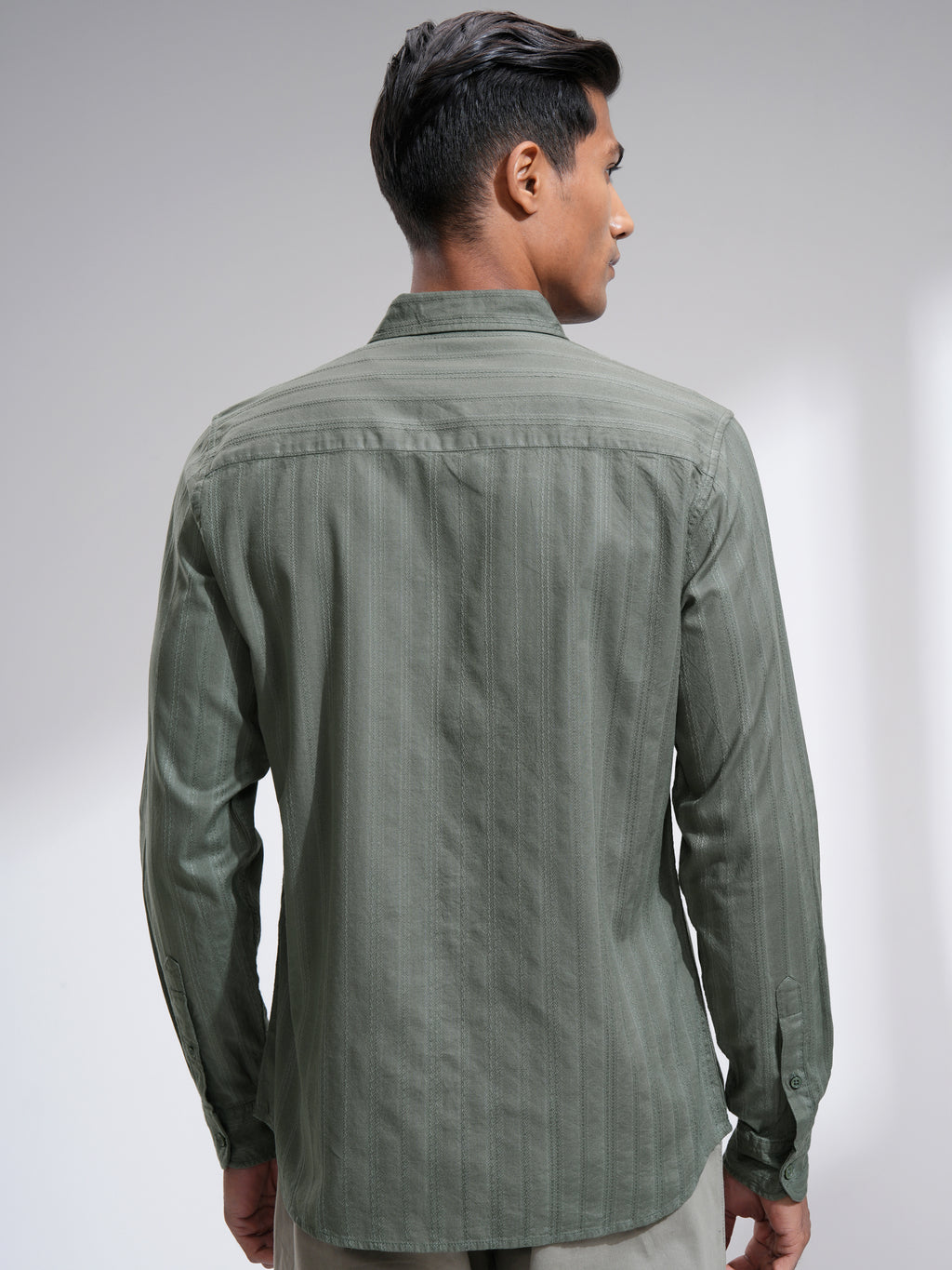 Highlander Men Olive Striped Slim Fit Casual Shirt - Olive - Image 3