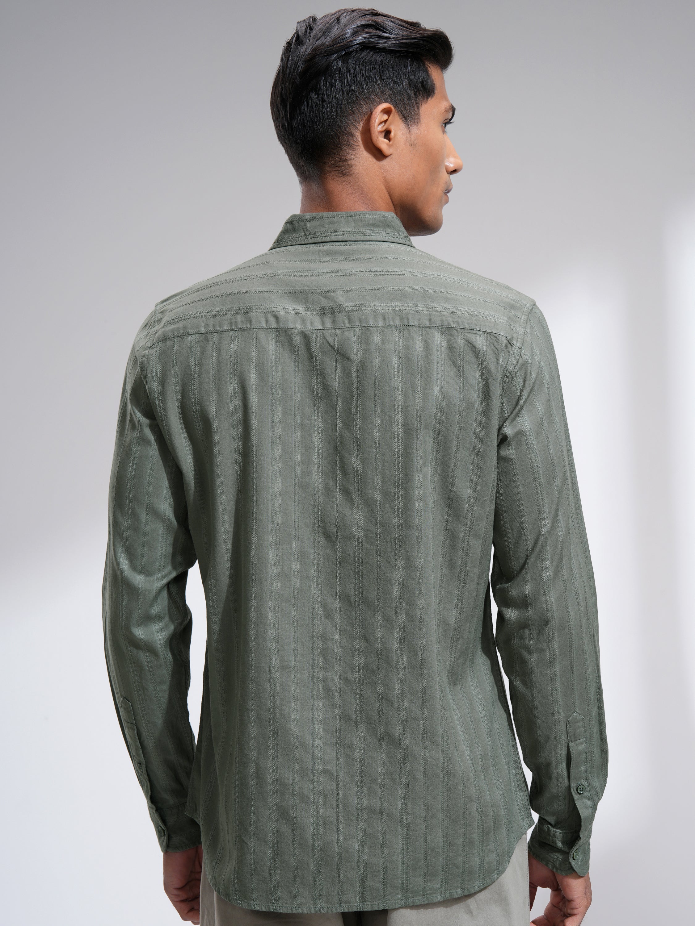 Highlander Men Olive Striped Slim Fit Casual Shirt - Olive - Image 3