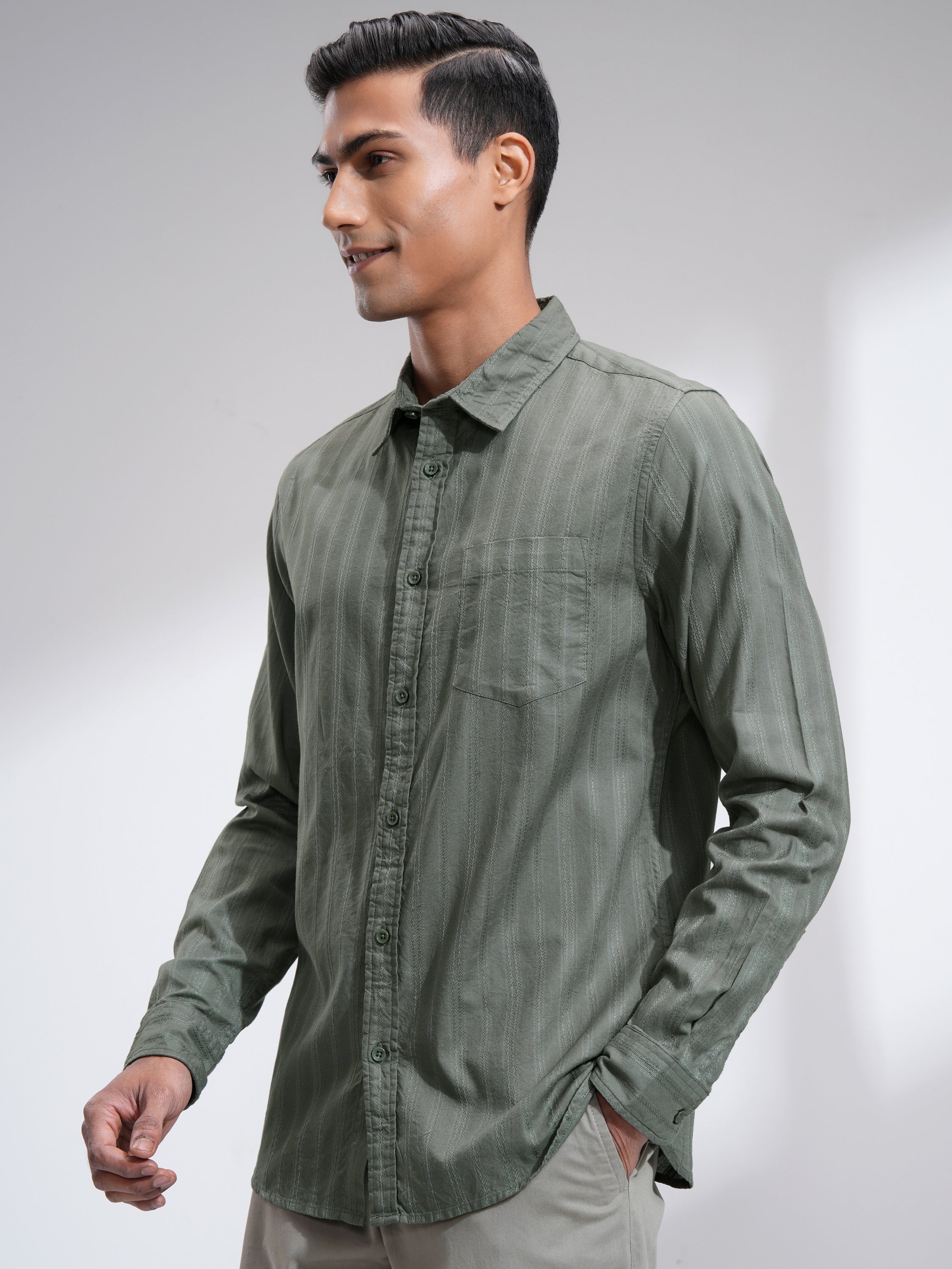 Highlander Men Olive Striped Slim Fit Casual Shirt - Olive - Image 4