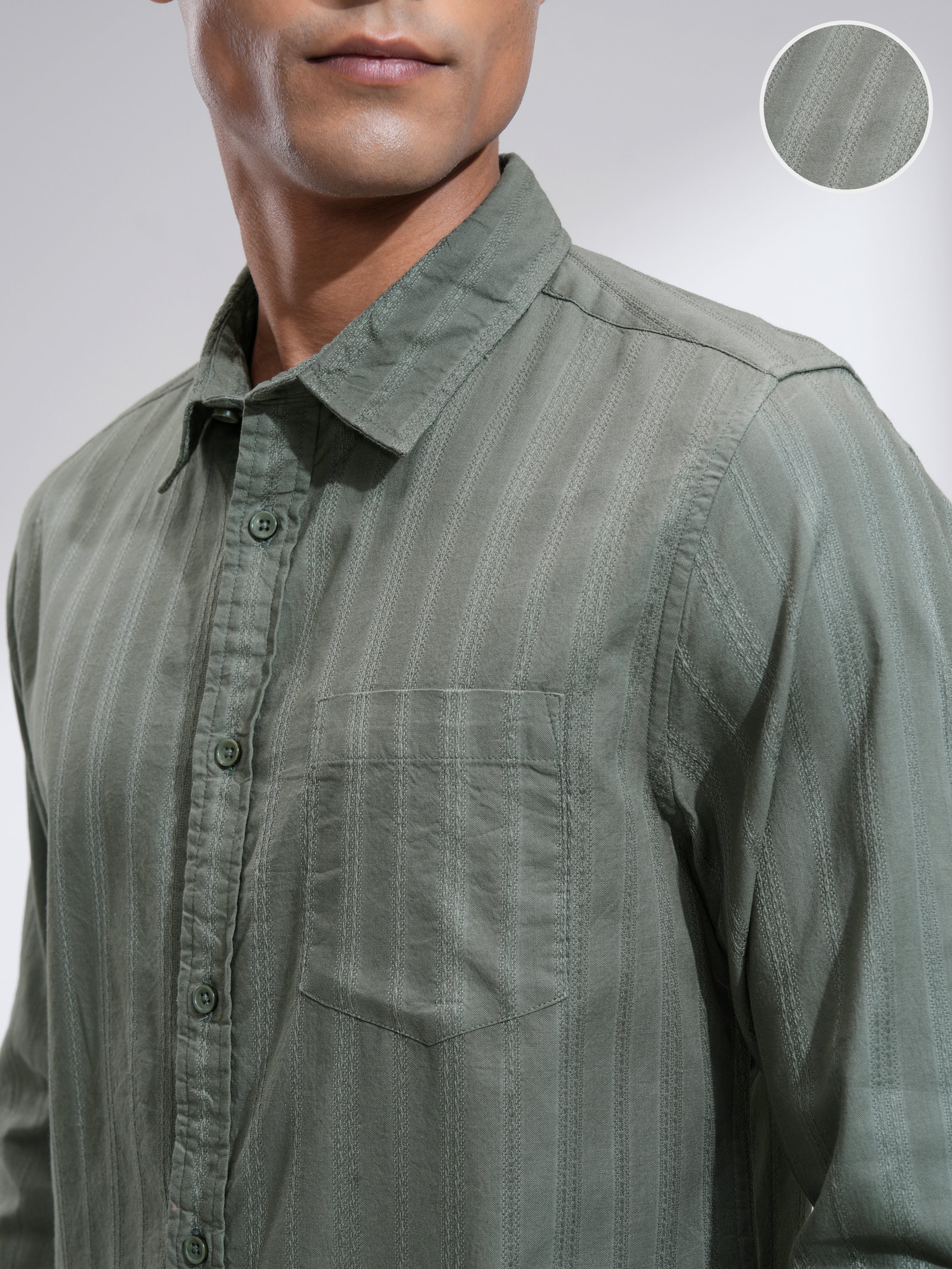 Highlander Men Olive Striped Slim Fit Casual Shirt - Olive - Image 5