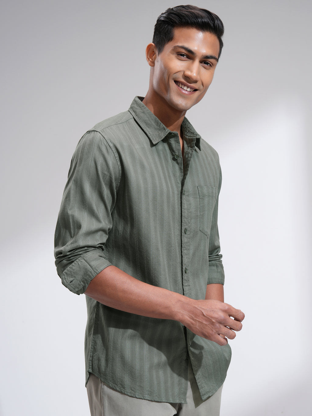 Highlander Men Olive Striped Slim Fit Casual Shirt - Olive - Image 6