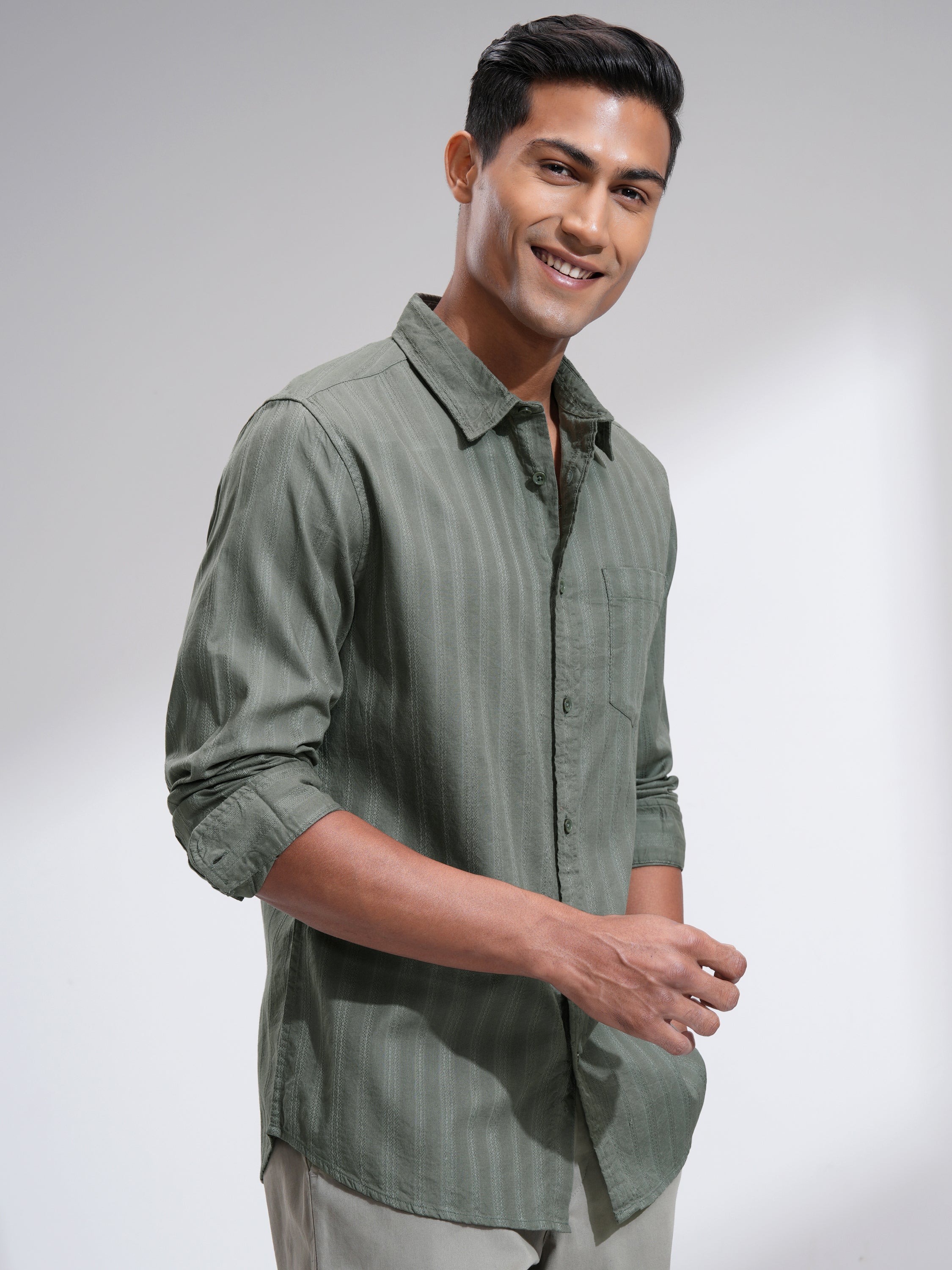 Highlander Men Olive Striped Slim Fit Casual Shirt - Olive - Image 6
