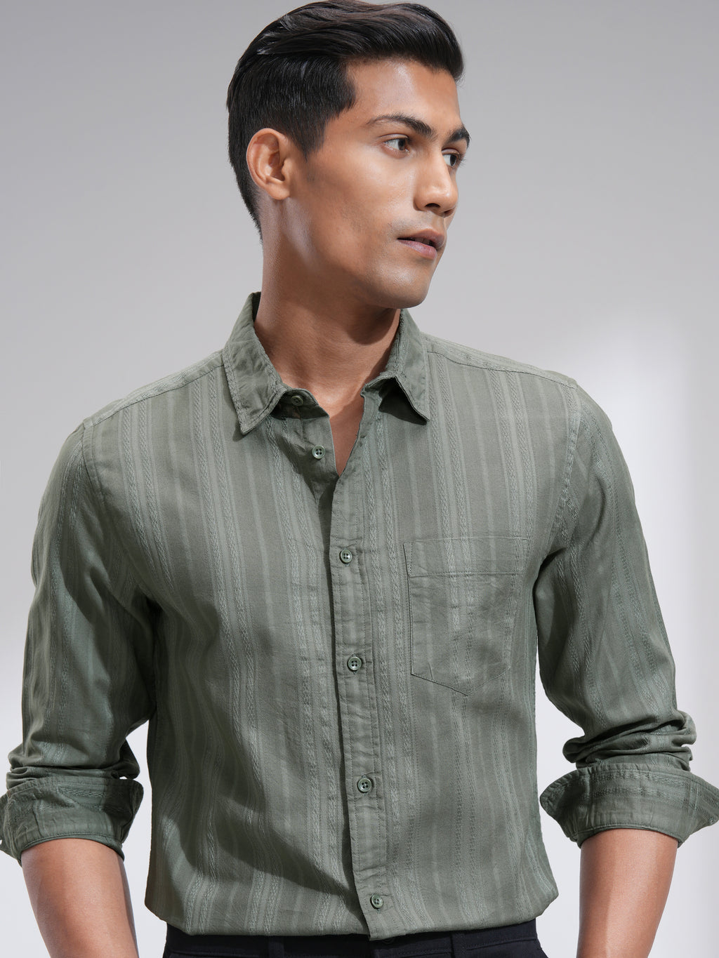 Highlander Men Olive Striped Slim Fit Casual Shirt - Olive - Image 1