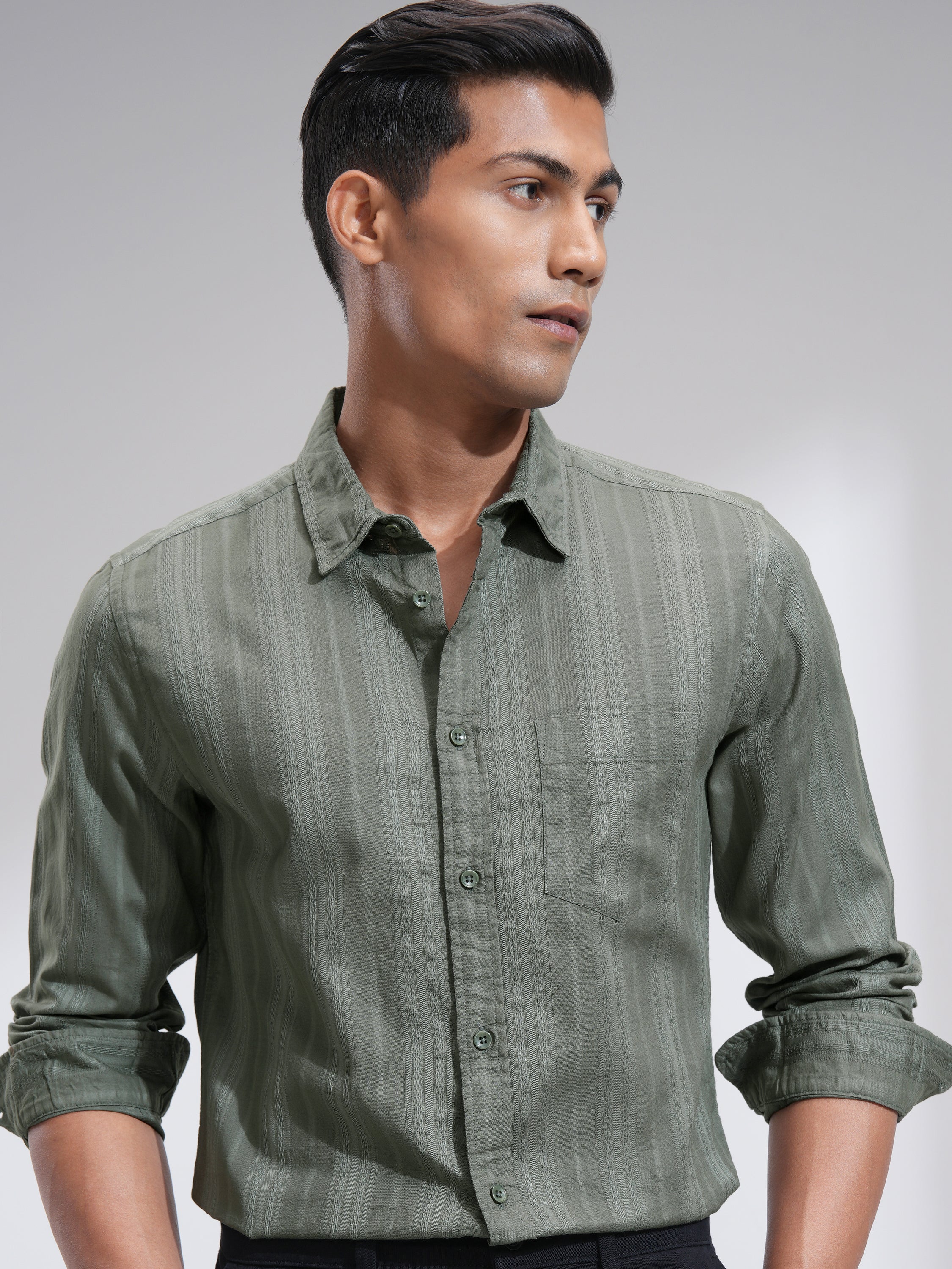 Highlander Men Olive Striped Slim Fit Casual Shirt - Olive - Image 1