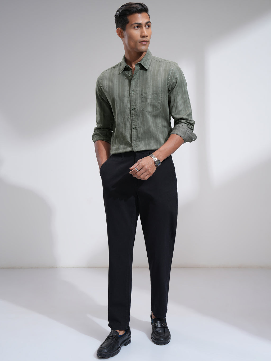 Highlander Men Olive Striped Slim Fit Casual Shirt - Olive - Image 2