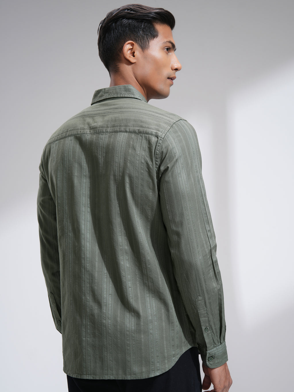 Highlander Men Olive Striped Slim Fit Casual Shirt - Olive - Image 3