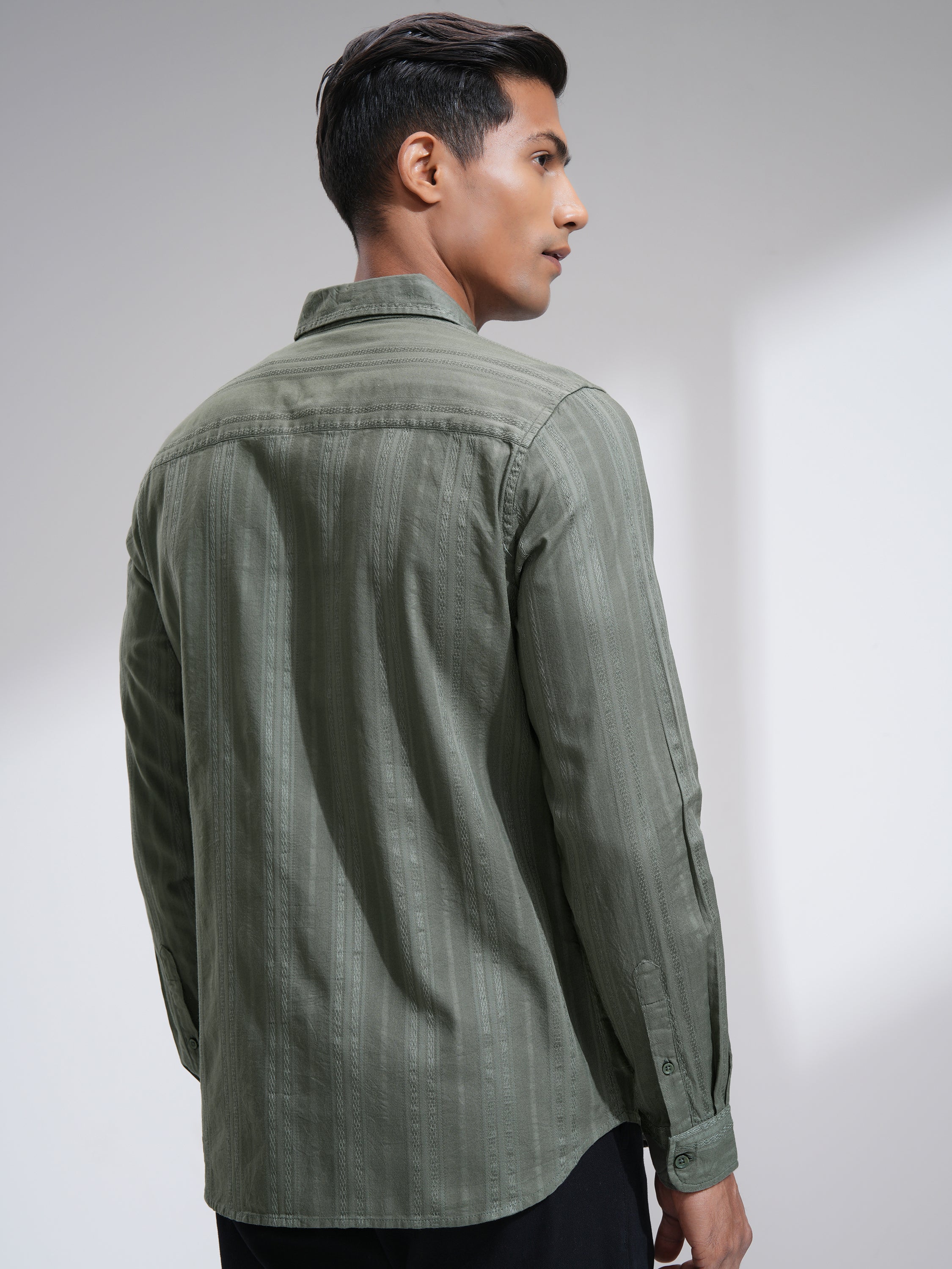 Highlander Men Olive Striped Slim Fit Casual Shirt - Olive - Image 3