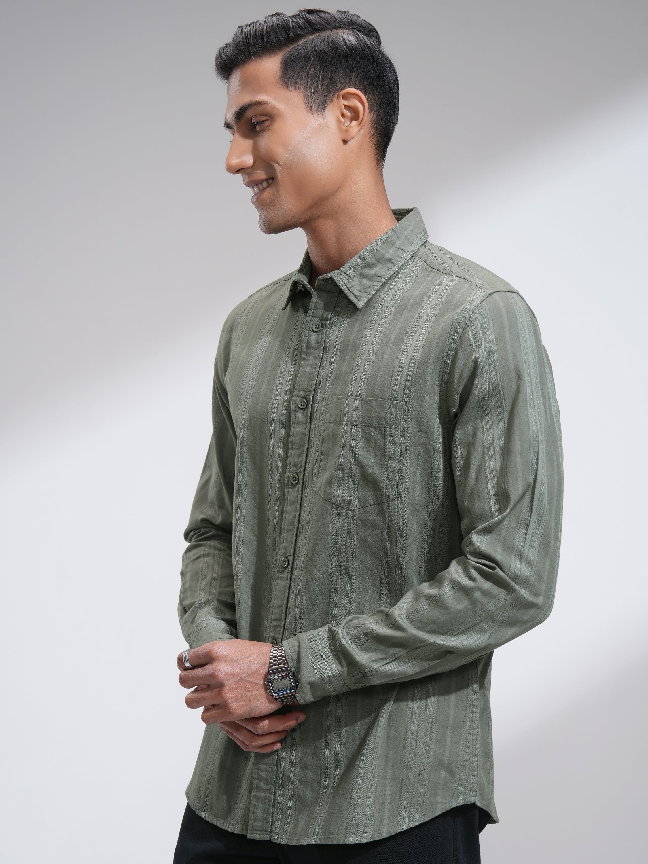 Highlander Men Olive Striped Slim Fit Casual Shirt - Olive - Image 4