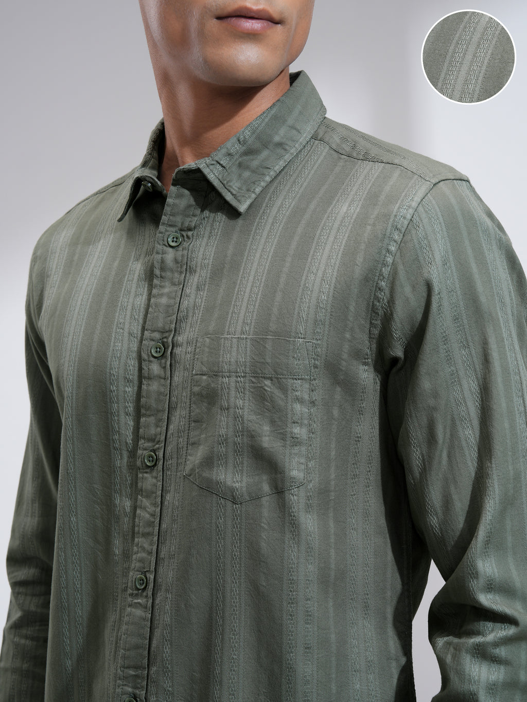 Highlander Men Olive Striped Slim Fit Casual Shirt - Olive - Image 5