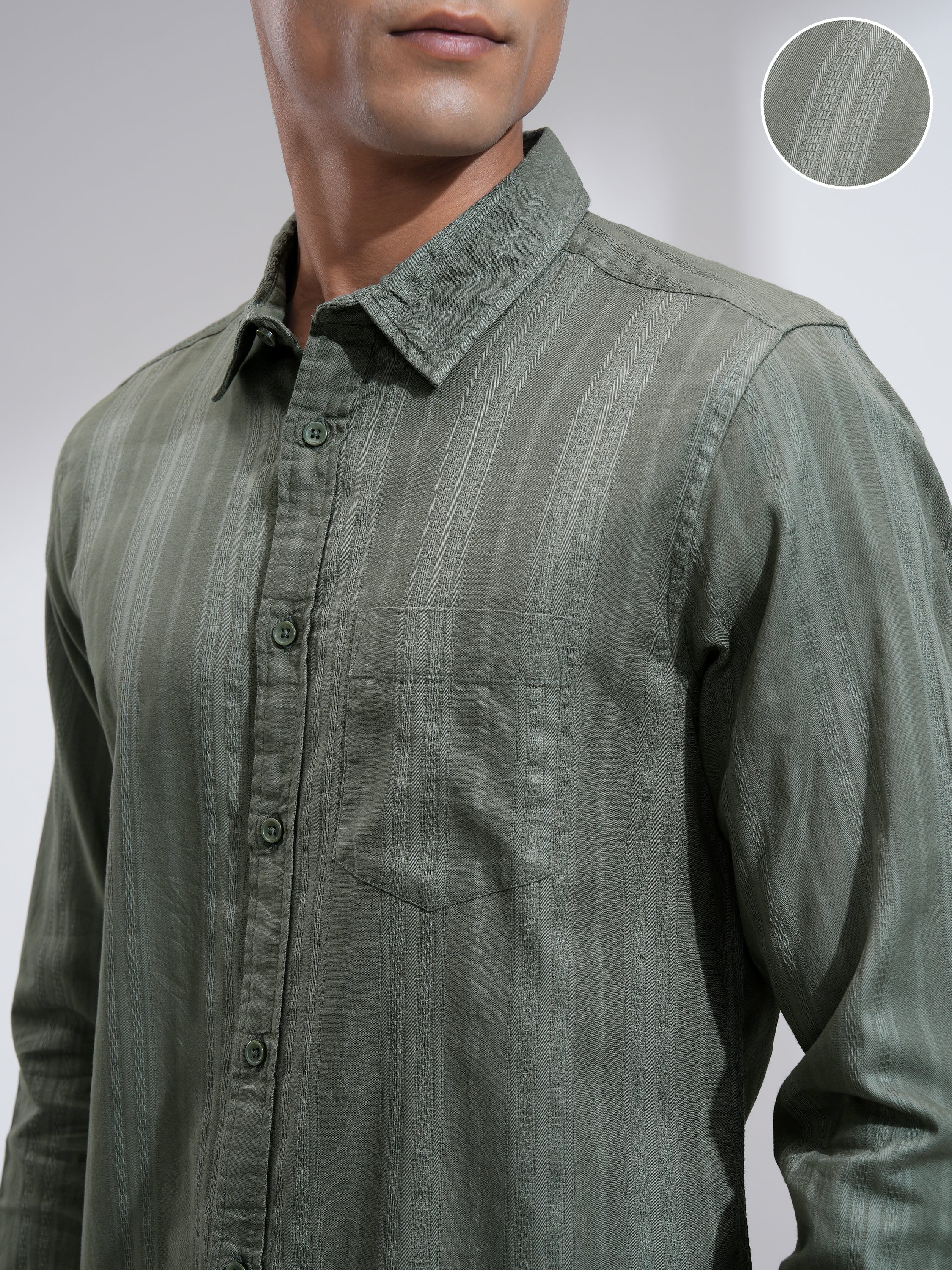 Highlander Men Olive Striped Slim Fit Casual Shirt - Olive - Image 5
