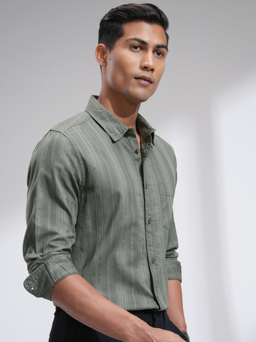 Highlander Men Olive Striped Slim Fit Casual Shirt - Olive - Image 6