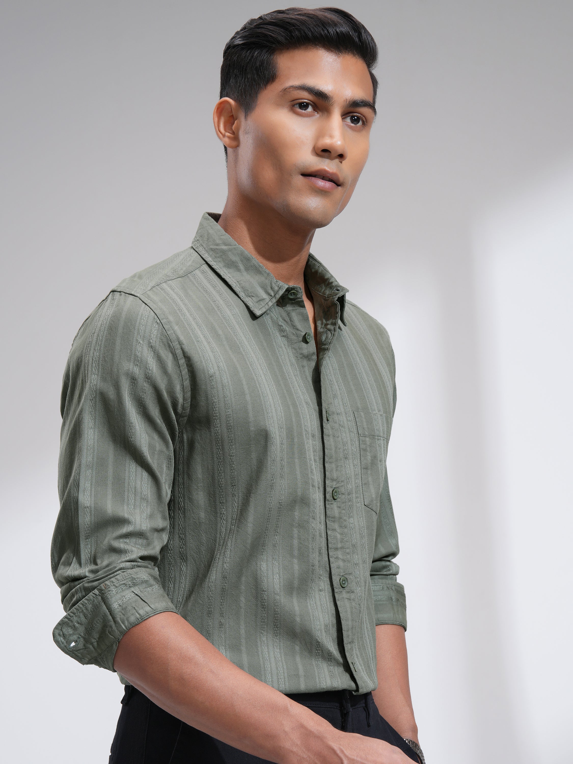 Highlander Men Olive Striped Slim Fit Casual Shirt - Olive - Image 6