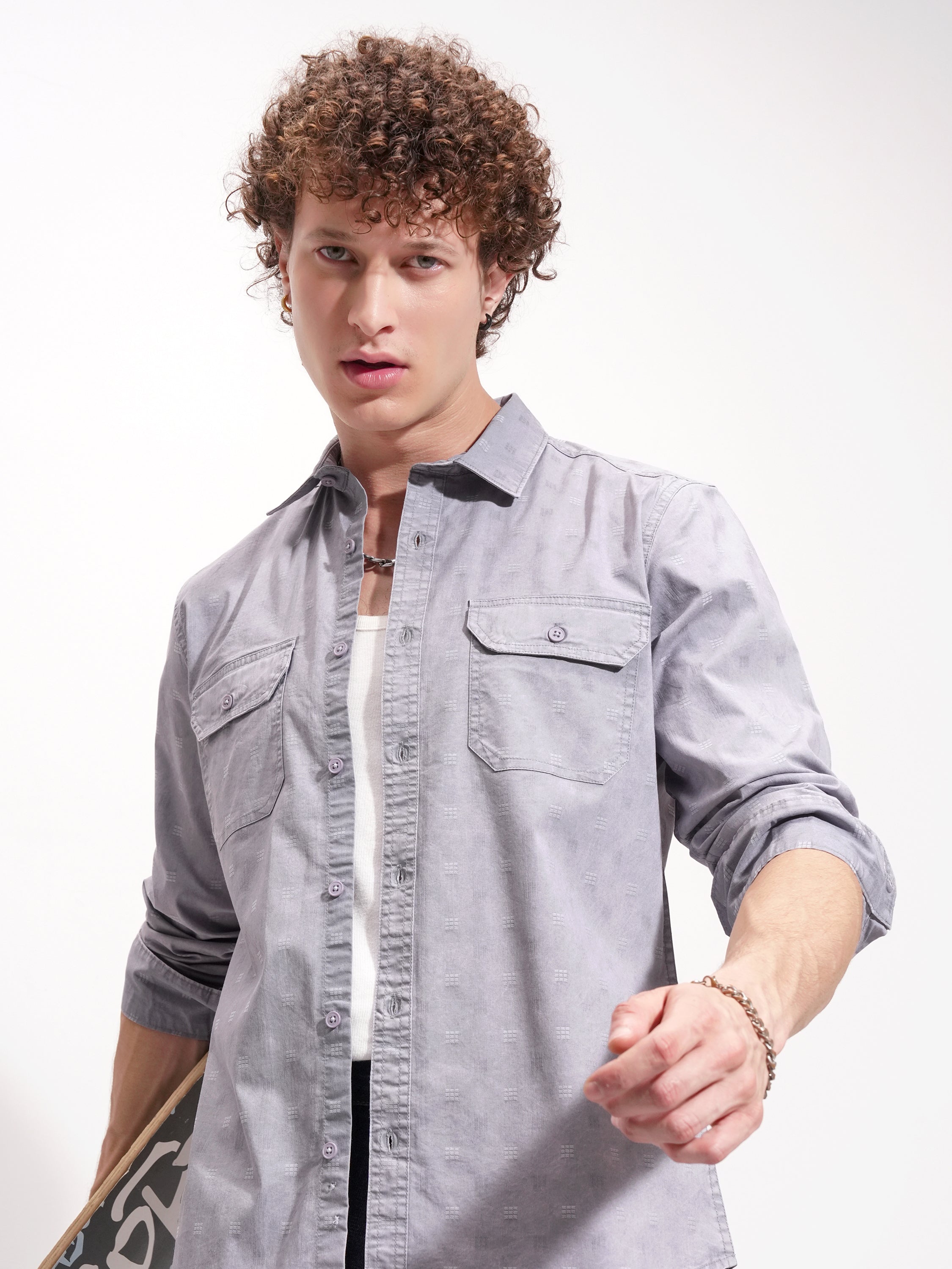 Highlander Men Blue Self Design Oversized Fit Casual Shirt - Blue - Image 1