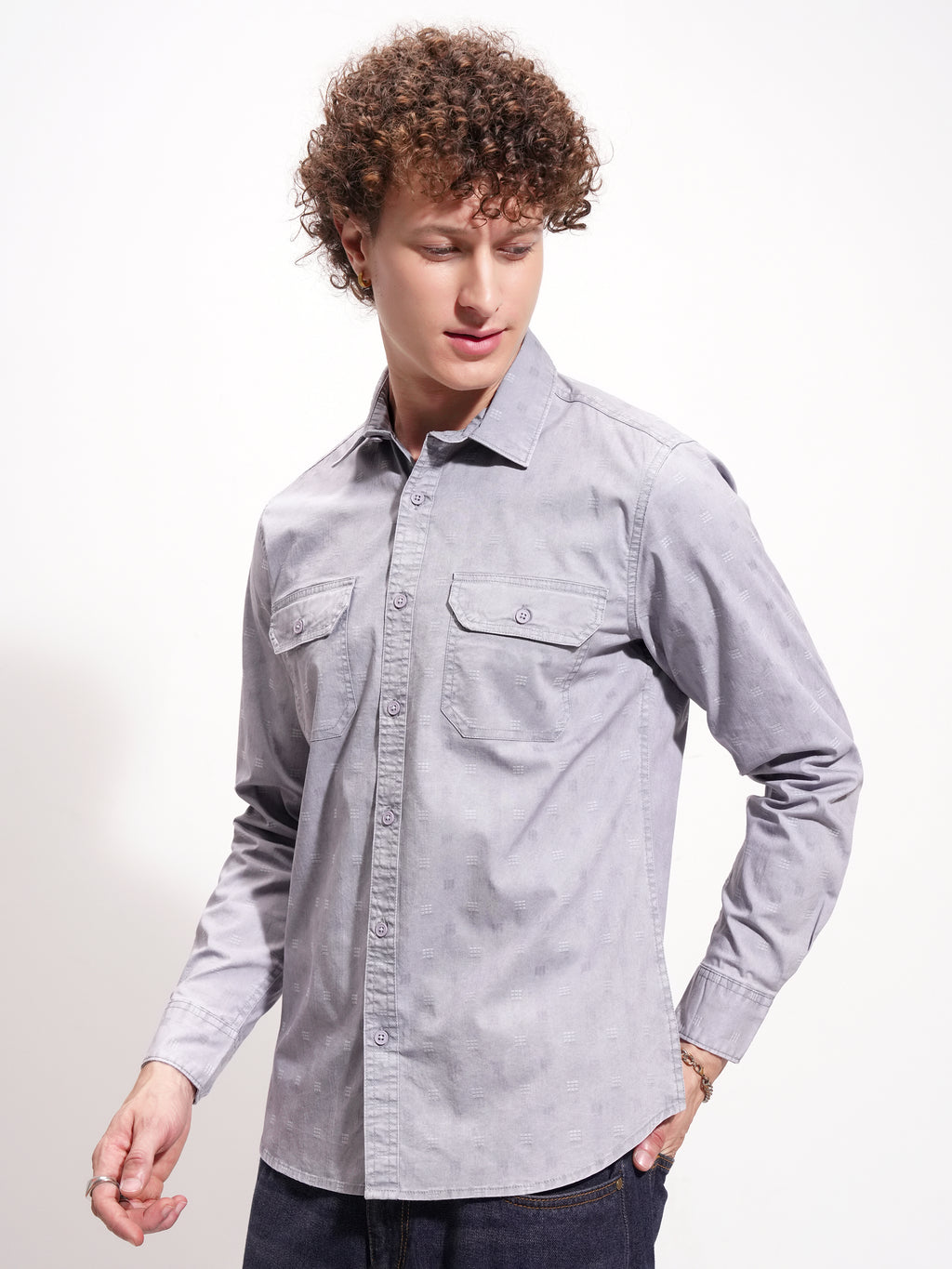 Highlander Men Blue Self Design Oversized Fit Casual Shirt - Blue - Image 4