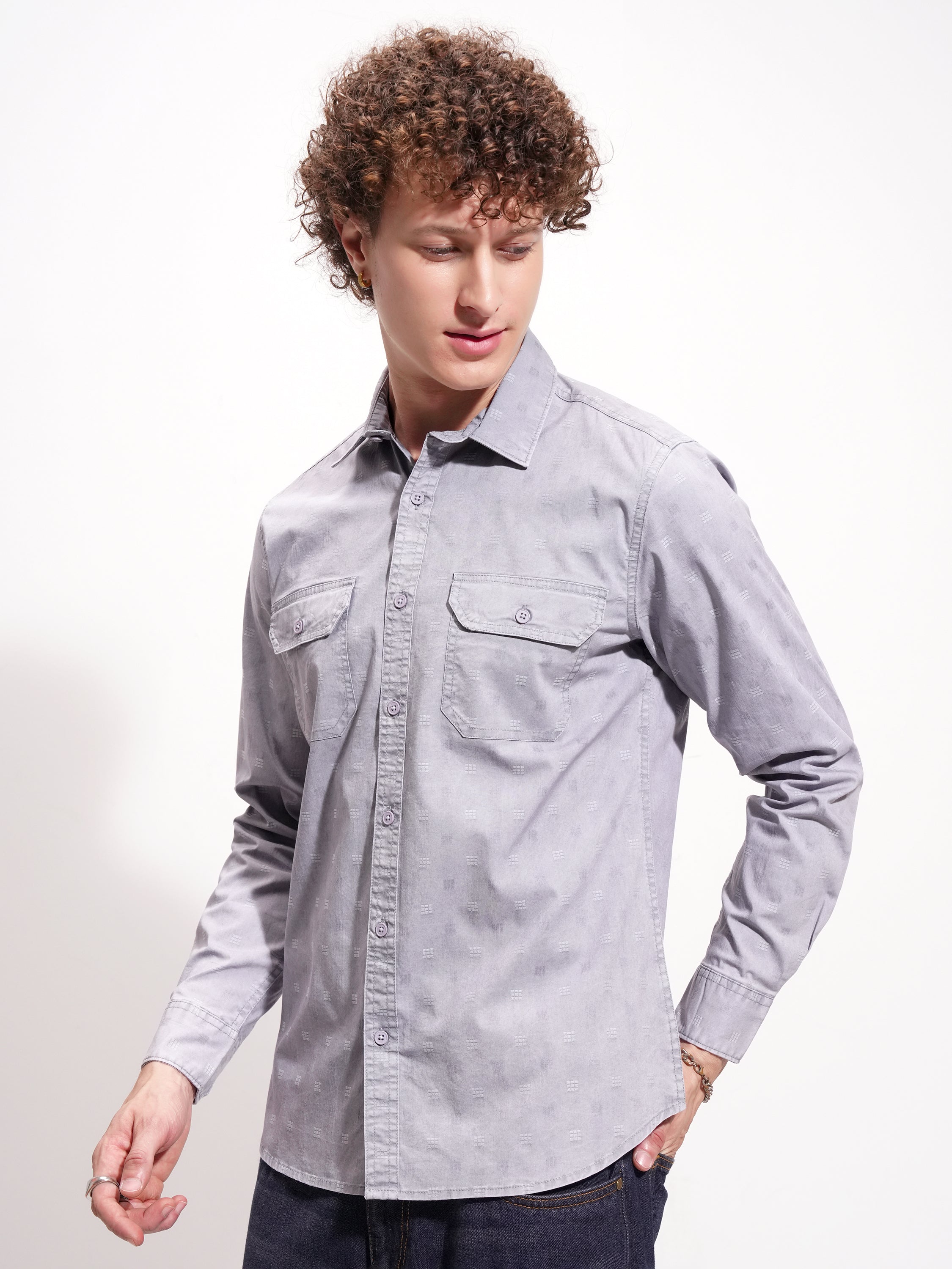 Highlander Men Blue Self Design Oversized Fit Casual Shirt - Blue - Image 4