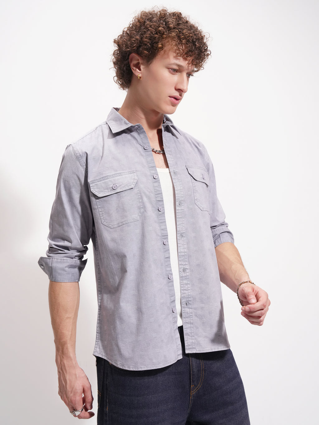 Highlander Men Blue Self Design Oversized Fit Casual Shirt - Blue - Image 6