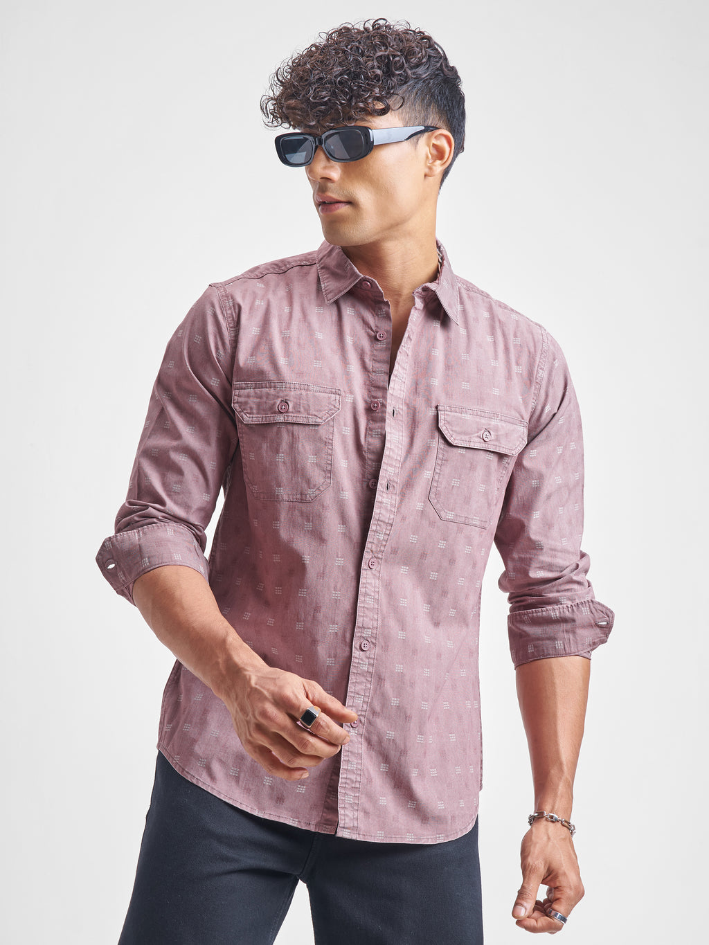 Highlander Men Mauve Self Design Slim Fit Casual Shirt - Mauve - Image 1