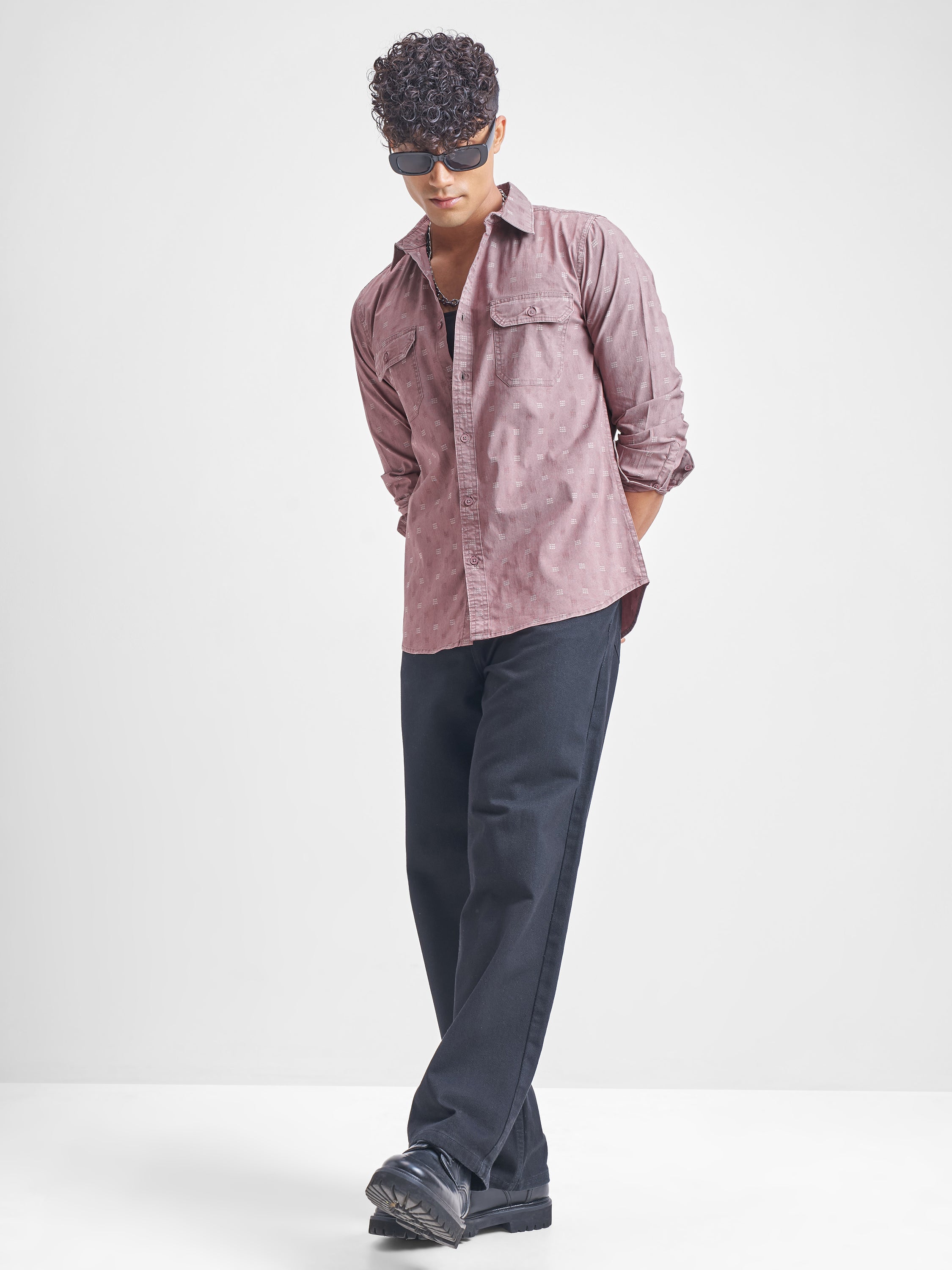 Highlander Men Mauve Self Design Slim Fit Casual Shirt - Mauve - Image 2