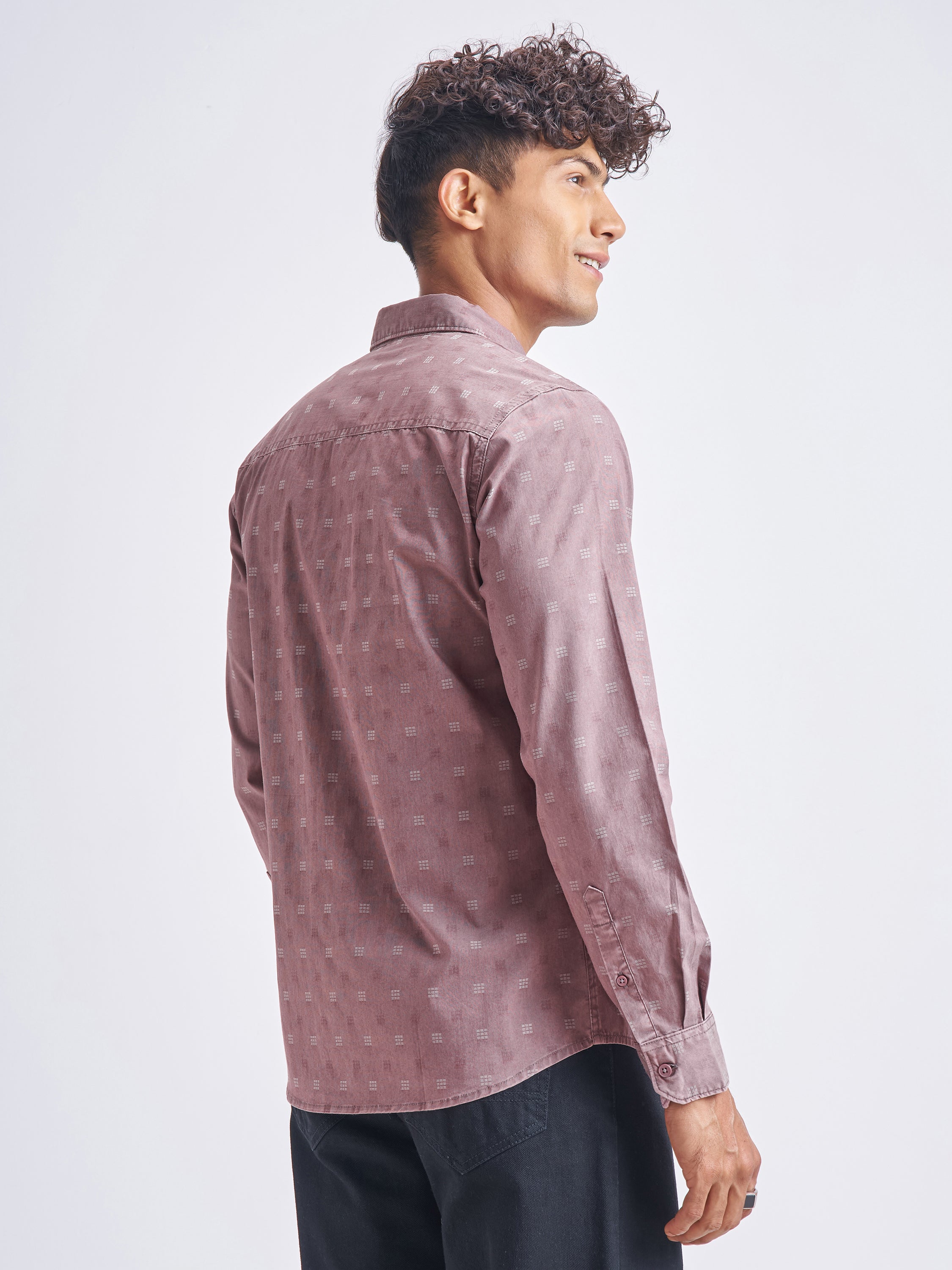 Highlander Men Mauve Self Design Slim Fit Casual Shirt - Mauve - Image 3