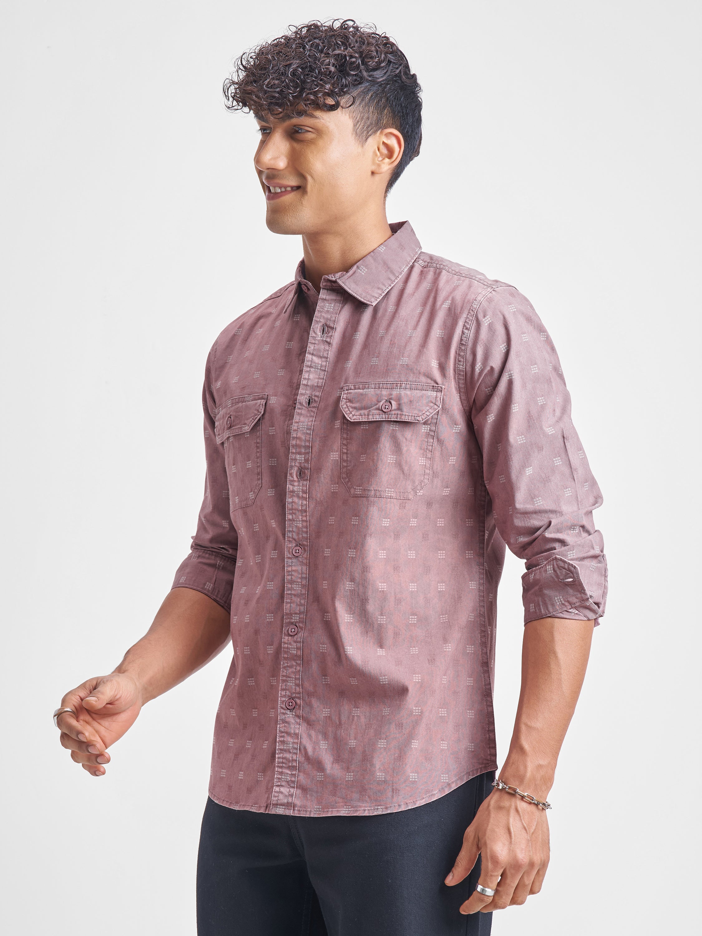 Highlander Men Mauve Self Design Slim Fit Casual Shirt - Mauve - Image 4