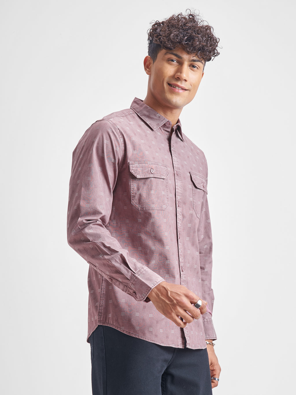 Highlander Men Mauve Self Design Slim Fit Casual Shirt - Mauve - Image 6