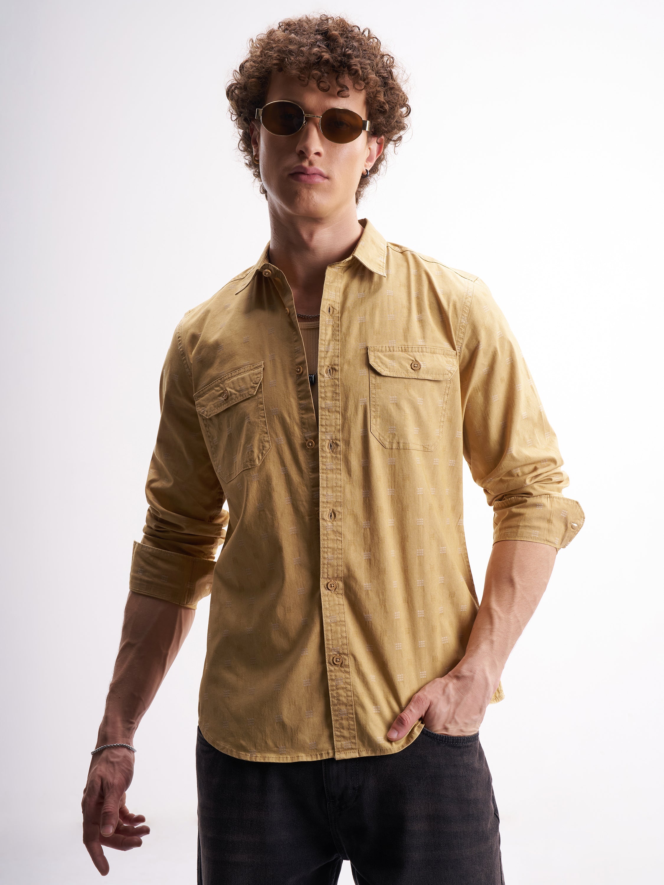 Highlander Men Mustard Self Design Relaxed Fit Casual Shirt - Mustard - Image 1