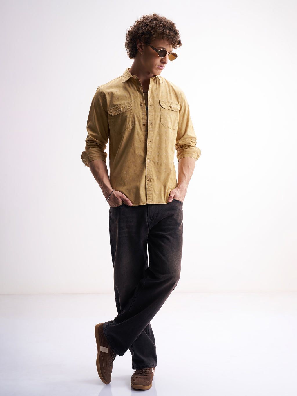 Highlander Men Mustard Self Design Relaxed Fit Casual Shirt - Mustard - Image 2