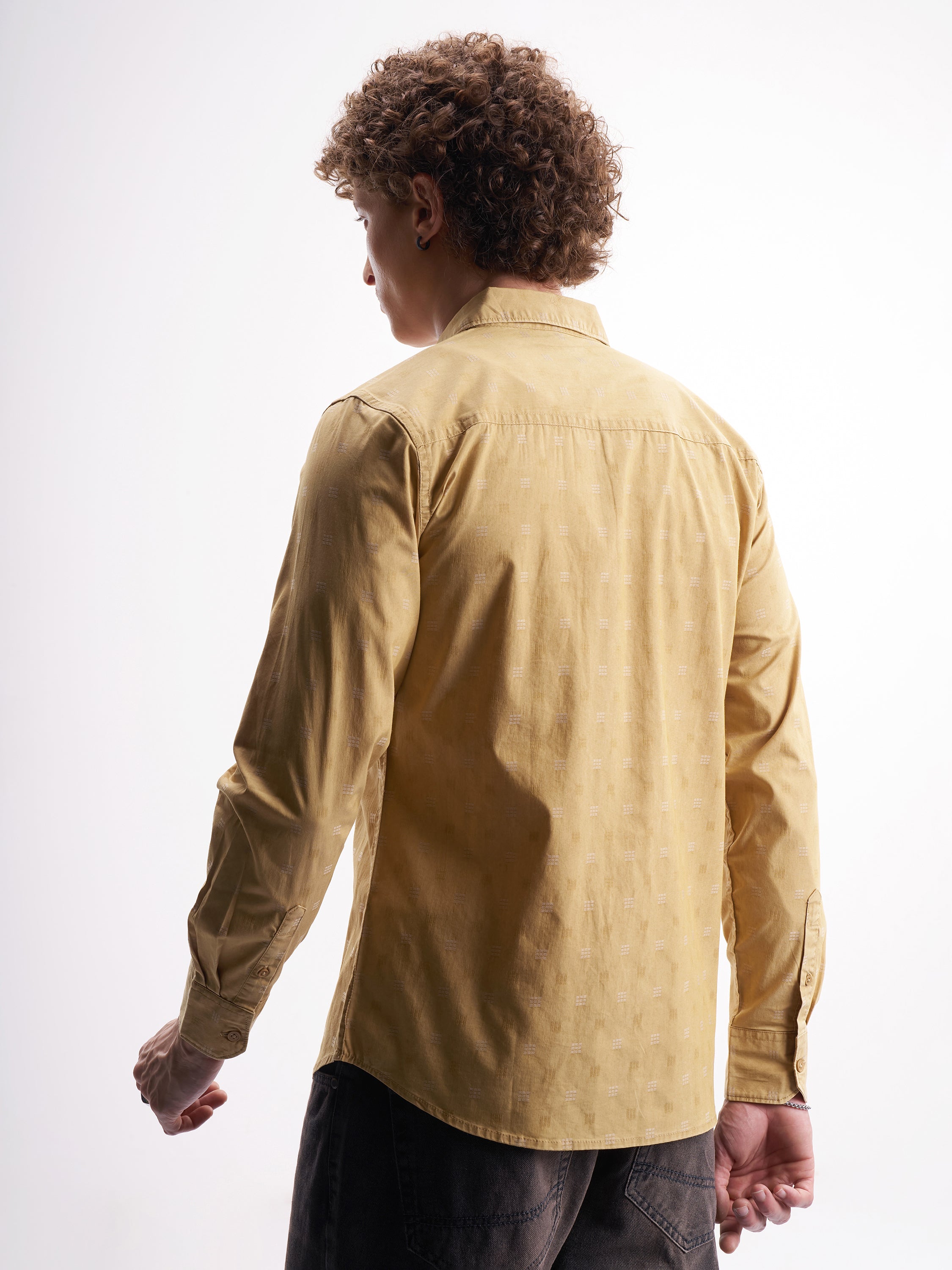 Highlander Men Mustard Self Design Relaxed Fit Casual Shirt - Mustard - Image 3