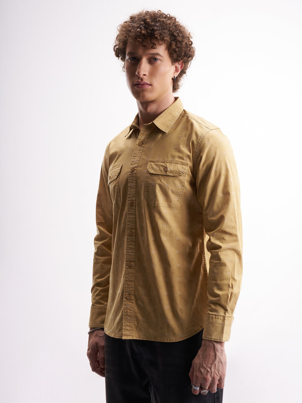 Highlander Men Mustard Self Design Relaxed Fit Casual Shirt - Mustard - Image 4