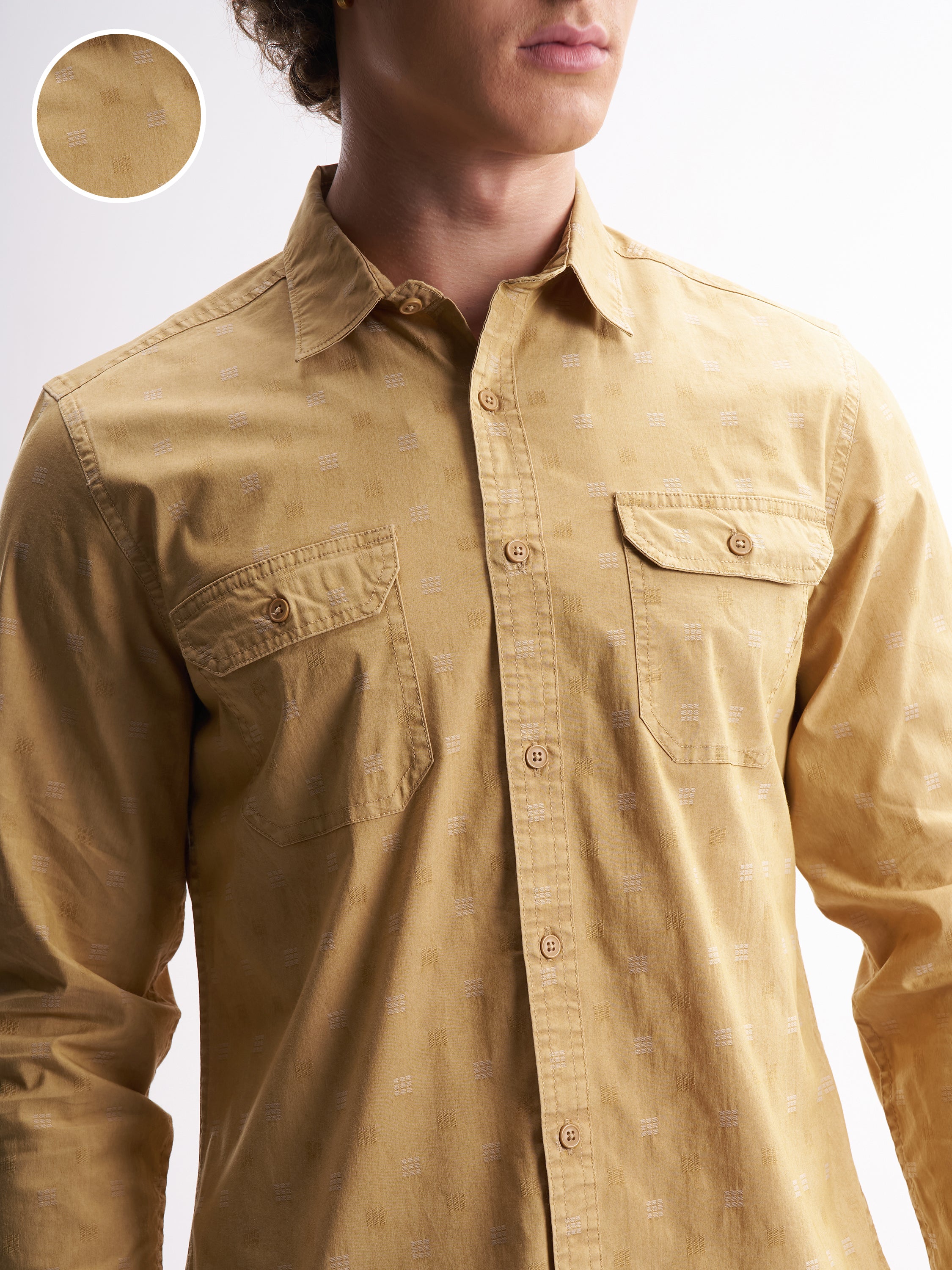 Highlander Men Mustard Self Design Relaxed Fit Casual Shirt - Mustard - Image 5