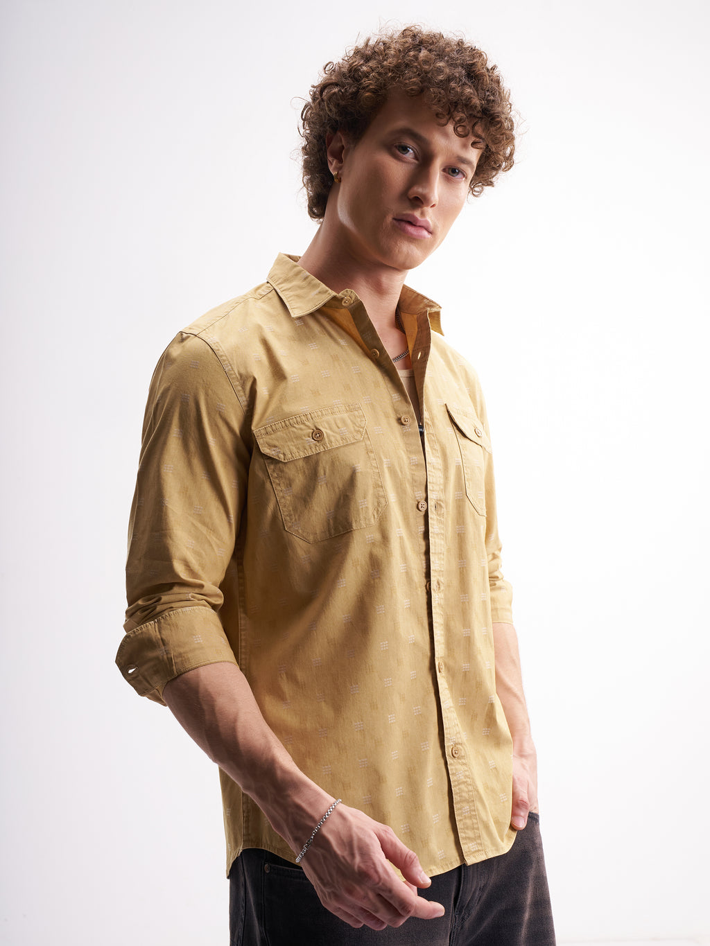 Highlander Men Mustard Self Design Relaxed Fit Casual Shirt - Mustard - Image 6