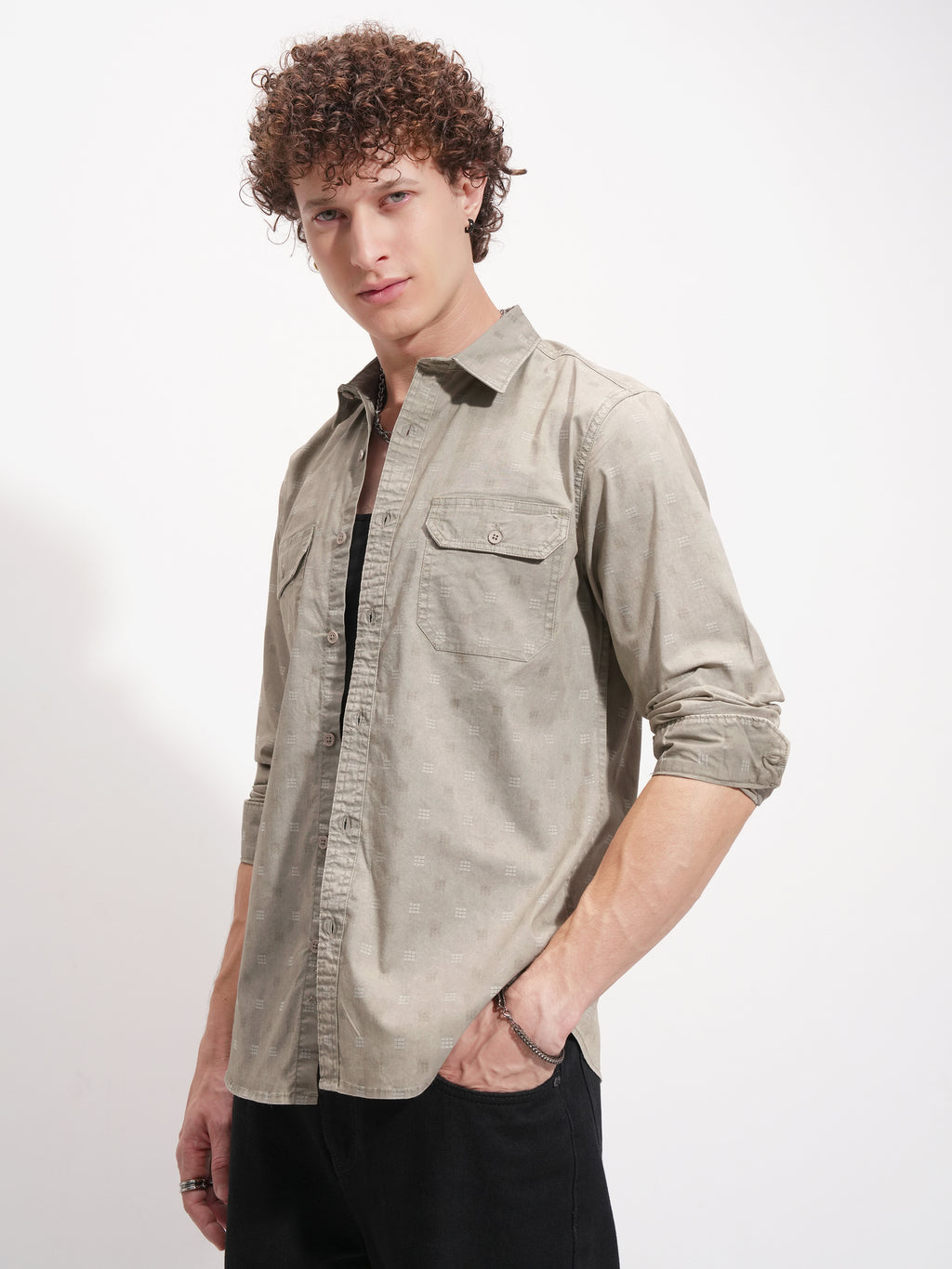Highlander Men Olive Self Design Slim Fit Casual Shirt - Olive - Image 4