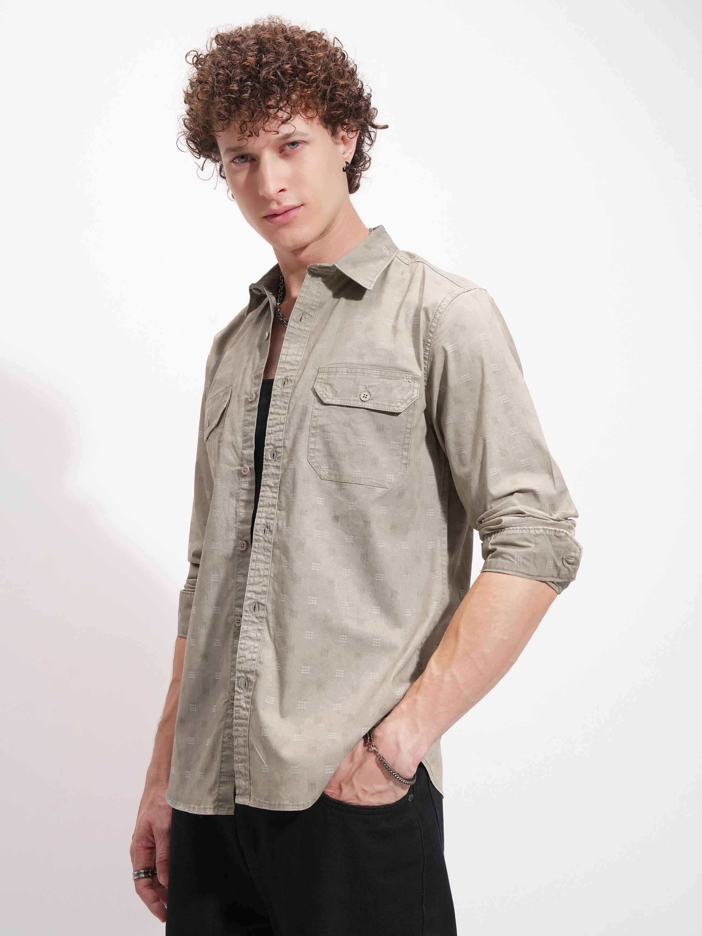 Highlander Men Olive Self Design Slim Fit Casual Shirt - Olive - Image 4