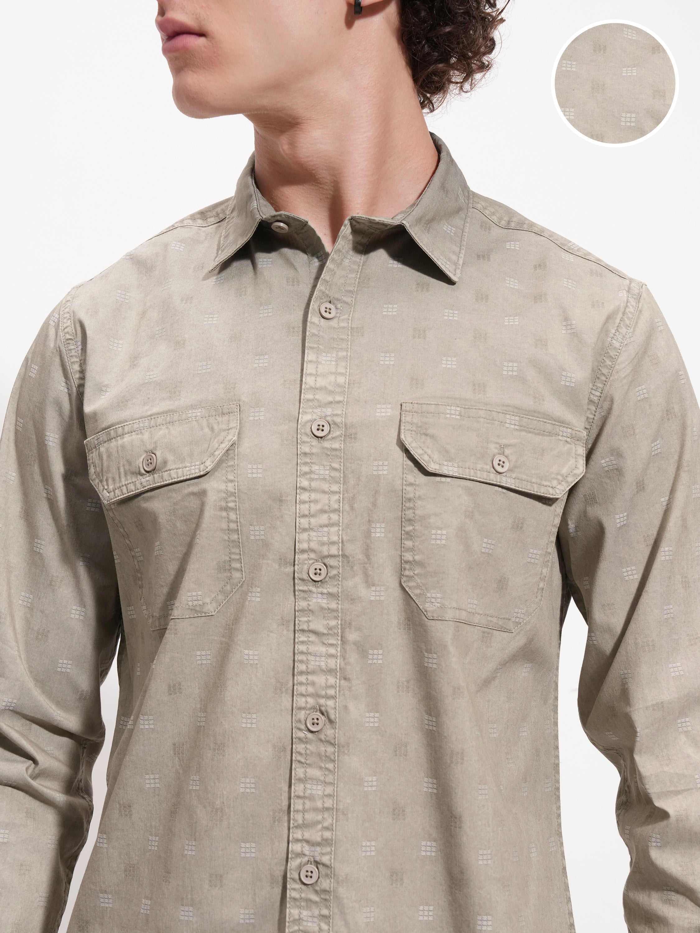 Highlander Men Olive Self Design Slim Fit Casual Shirt - Olive - Image 5