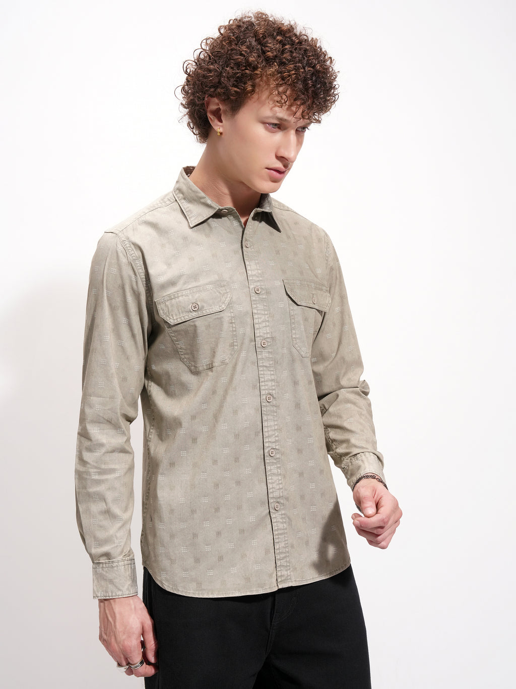 Highlander Men Olive Self Design Slim Fit Casual Shirt - Olive - Image 6