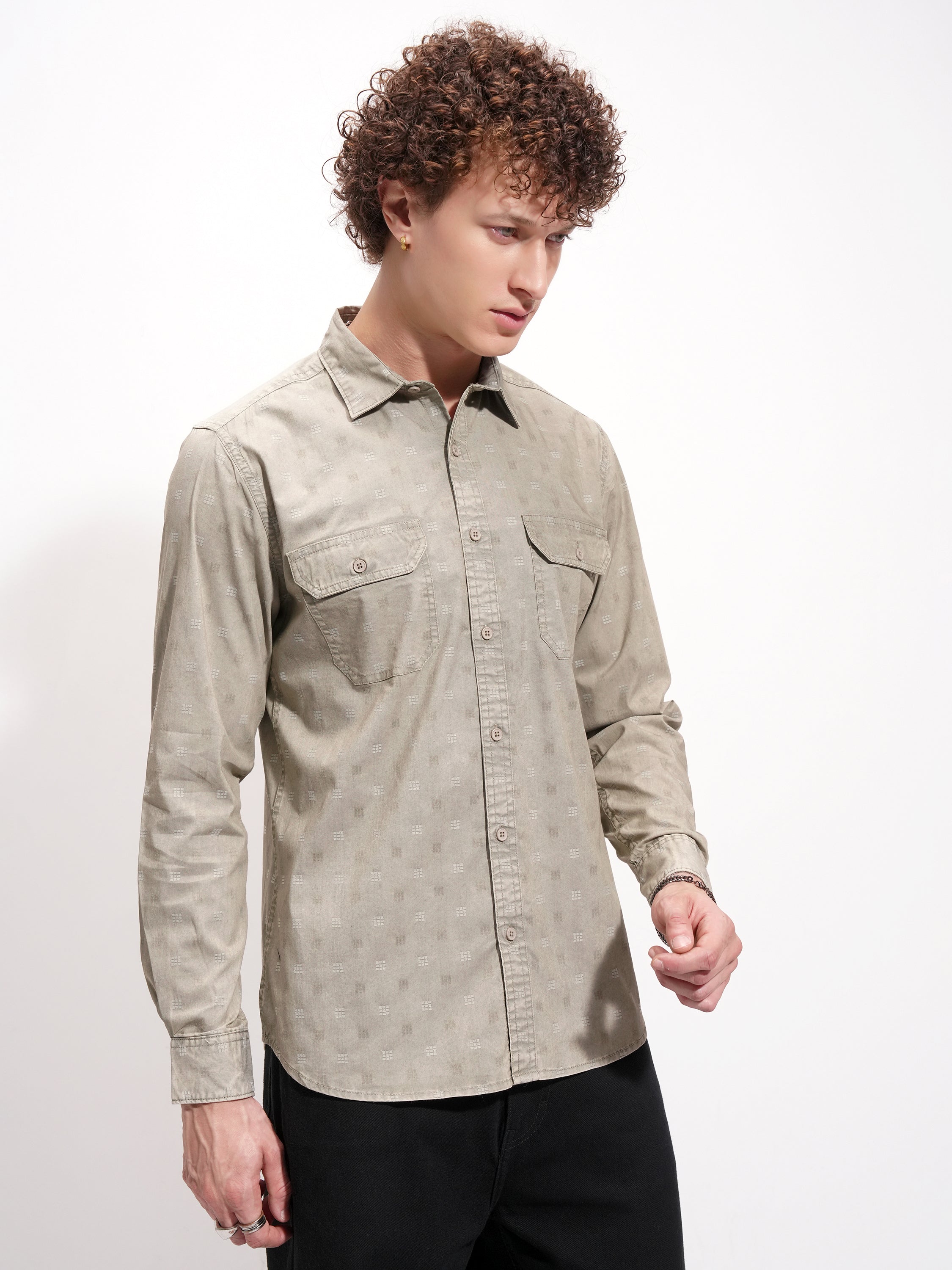 Highlander Men Olive Self Design Slim Fit Casual Shirt - Olive - Image 6