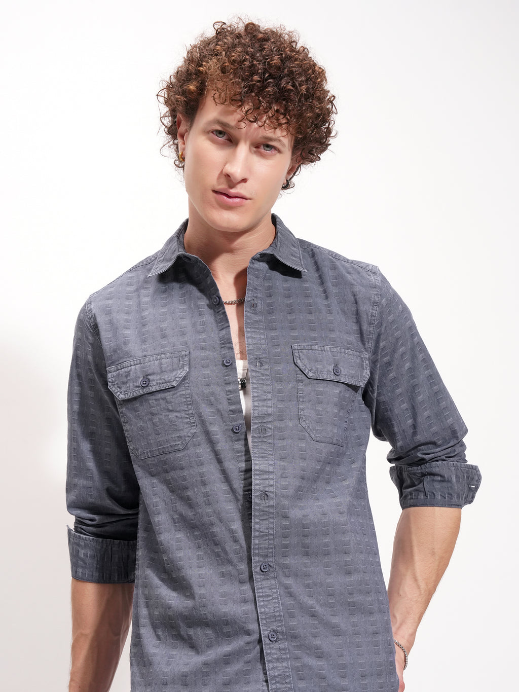 Highlander Men Navy Blue Self Design Slim Fit Casual Shirt - Navy Blue - Image 1