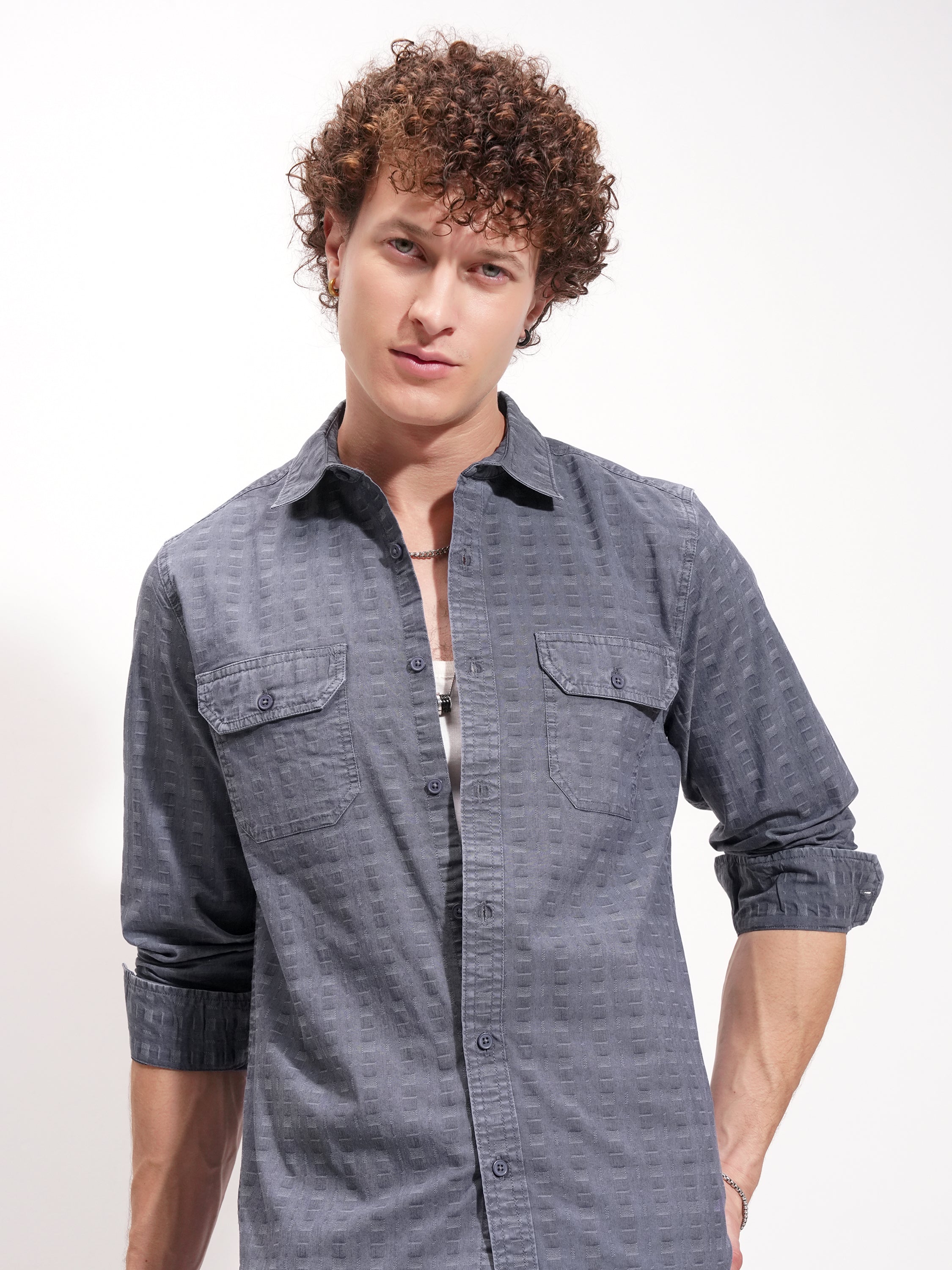 Highlander Men Navy Blue Self Design Slim Fit Casual Shirt - Navy Blue - Image 1